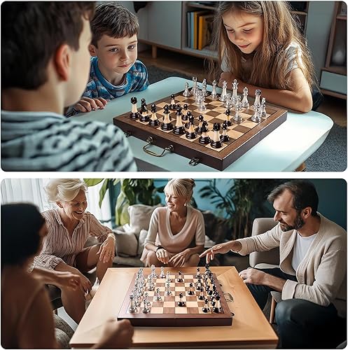 Miniatura 7 de Juego de ajedrez de lujo de 16.5 pulgadas, juego de mesa de ajedrez plegable grande de madera con asa, piezas de ajedrez acrílico ponderadas - 3.5