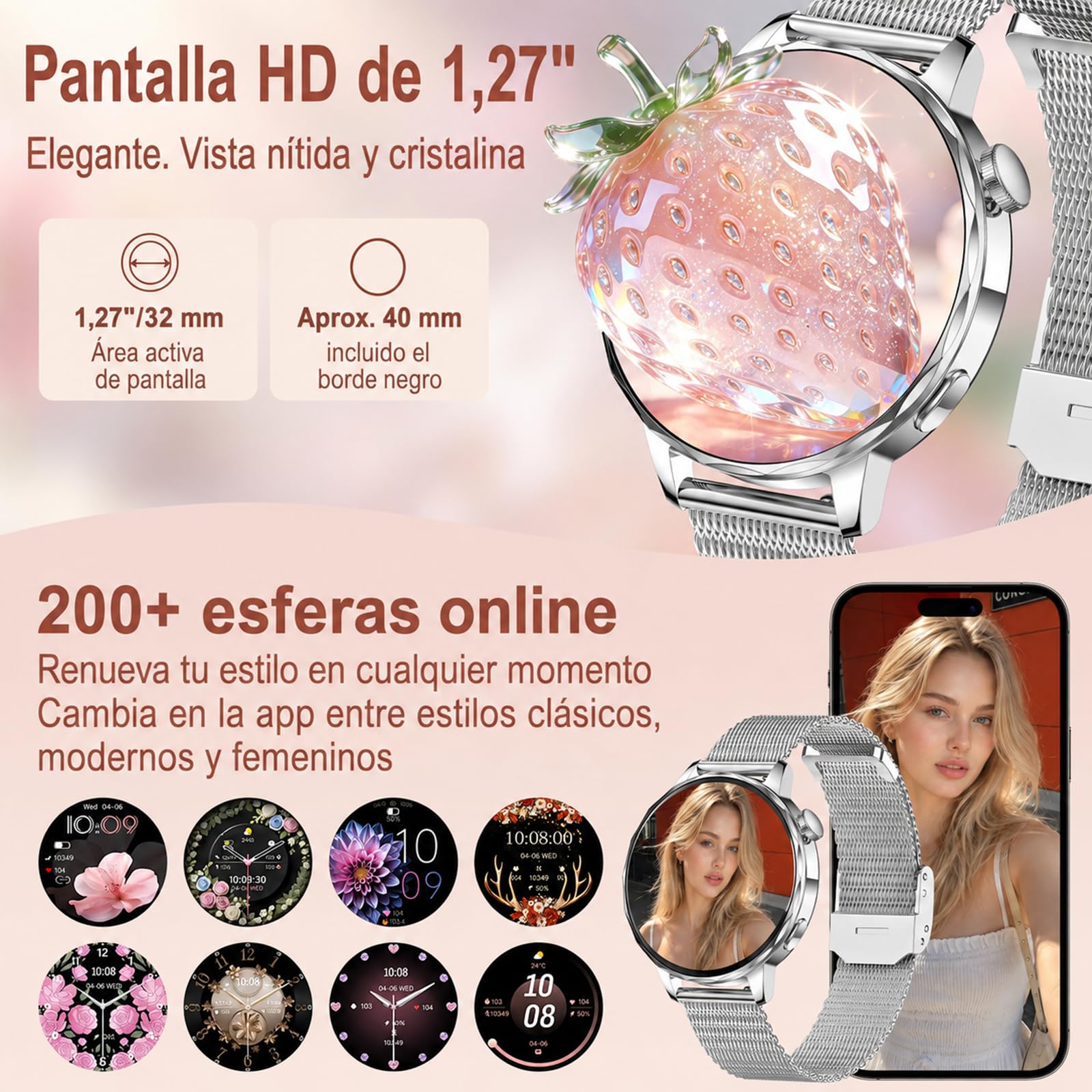 Reloj Inteligente Mujer Pequeño Redondo con Llamadas, 1,27" HD, 2 Correas
