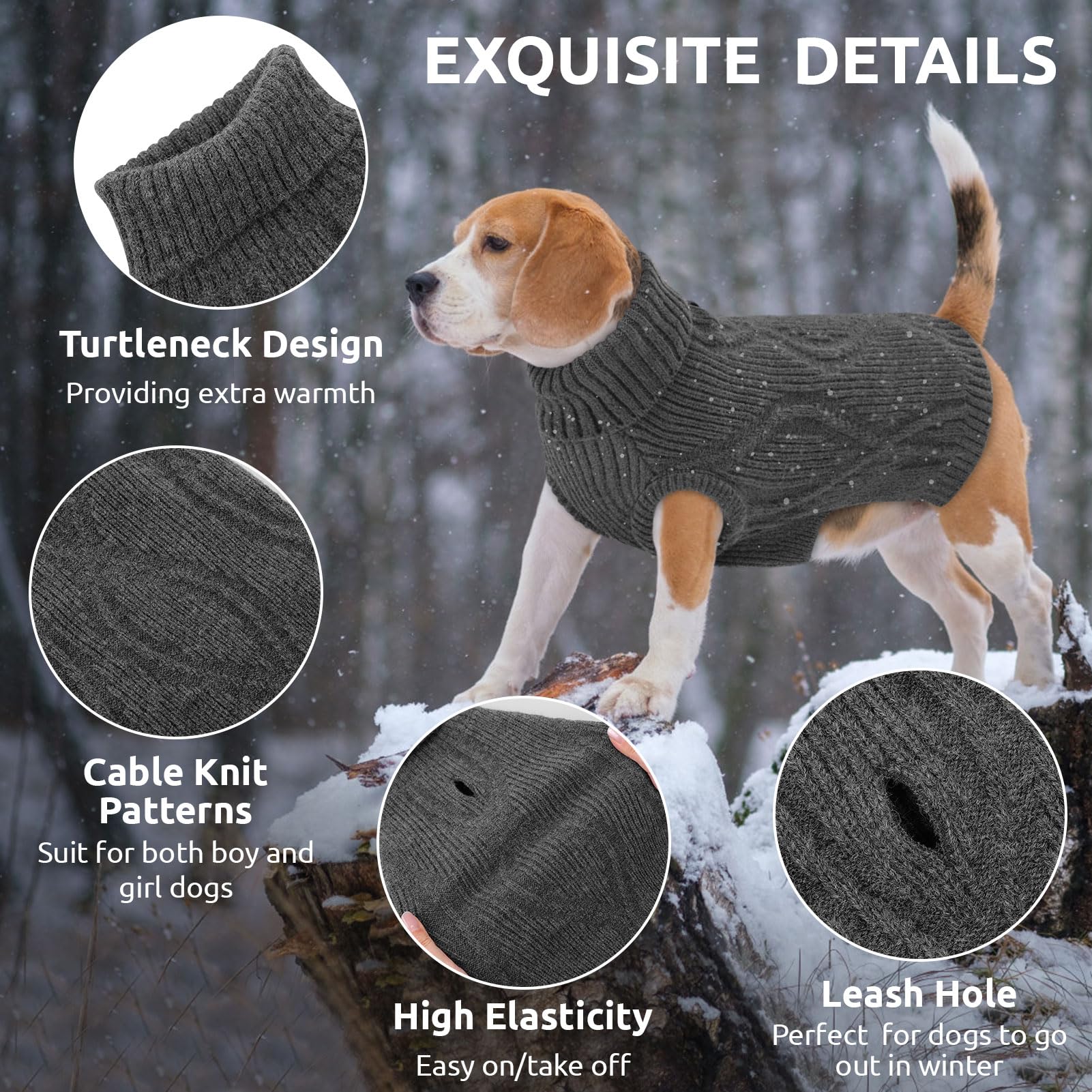 Queenmore Hundepullover mittelgroße Hunde, warm und bequem, Stretch Strickpullover für Dackel, Bichon Frisé, Mops, Jack Russell Terrier, Greyhound, Boston Terrier (Grau, M)