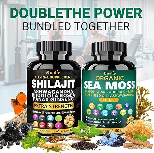 Miniatura 4 de Bualle Musgo marino orgánico para mujeres y shilajit para hombres, suplemento de ashwagandha con aceite de semilla negra, maca y jengibre, apoya