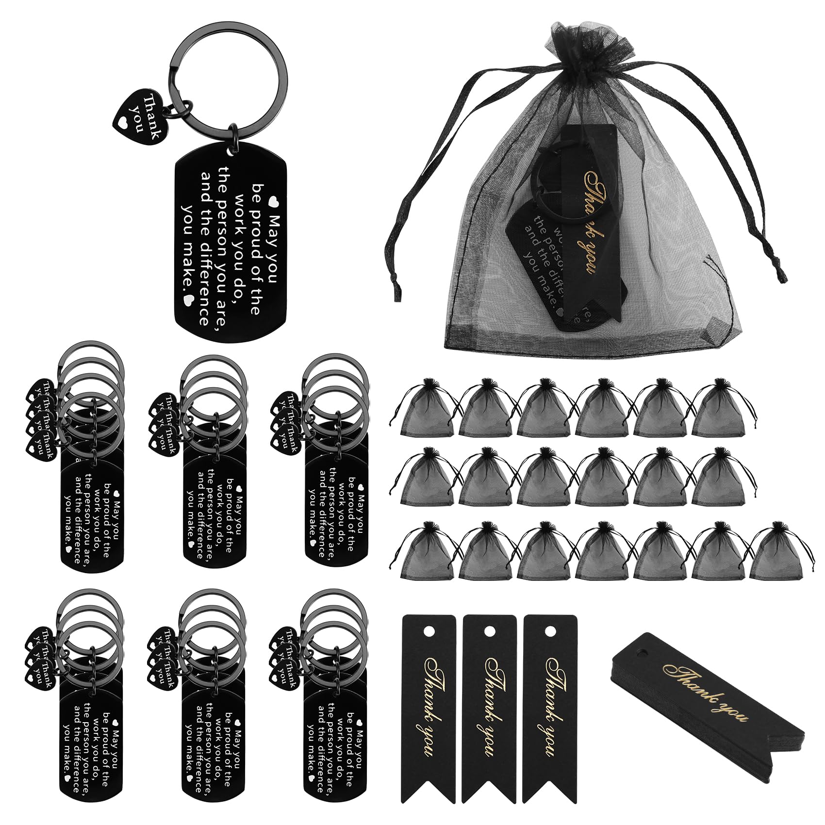Povxlum 20s Sets Employee Thank You Gifts Bulk Appreciation Gift Keychain for Coworker Staff Team with Organza Bags and Thank You Cards Gift (Black)