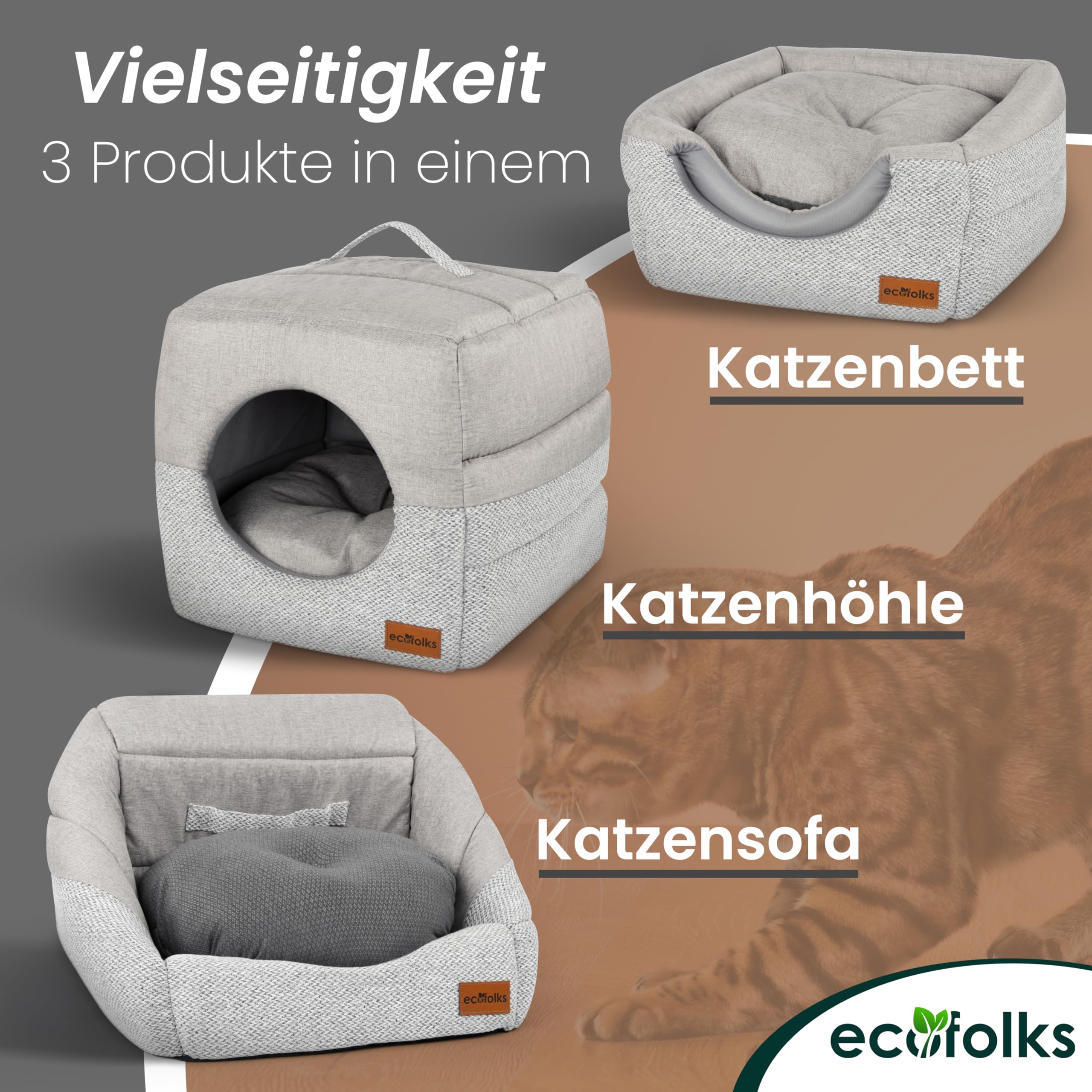 3in1 antibakterielles Katzenbett, Katzenhöhle | Sofa & Kuschelbett – wandelbar, stylisch & platzsparend | Perfekt für Moderne Wohnräume