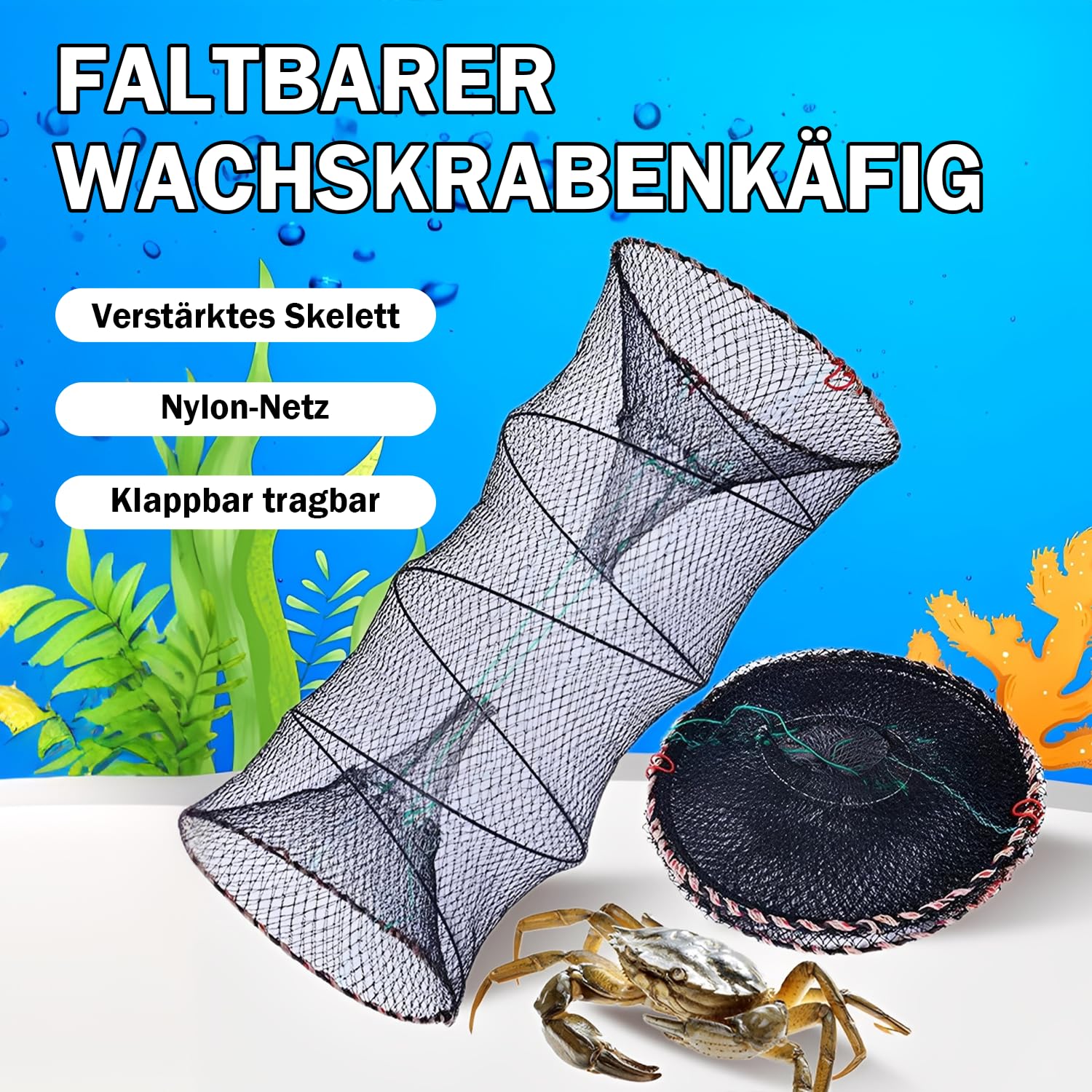 Fischreuse Set, 2 Stück Faltbare Krebsreuse mit Futtertasche, 30x60cm Aalreuse für Fischfang, Garnelen und Krabben