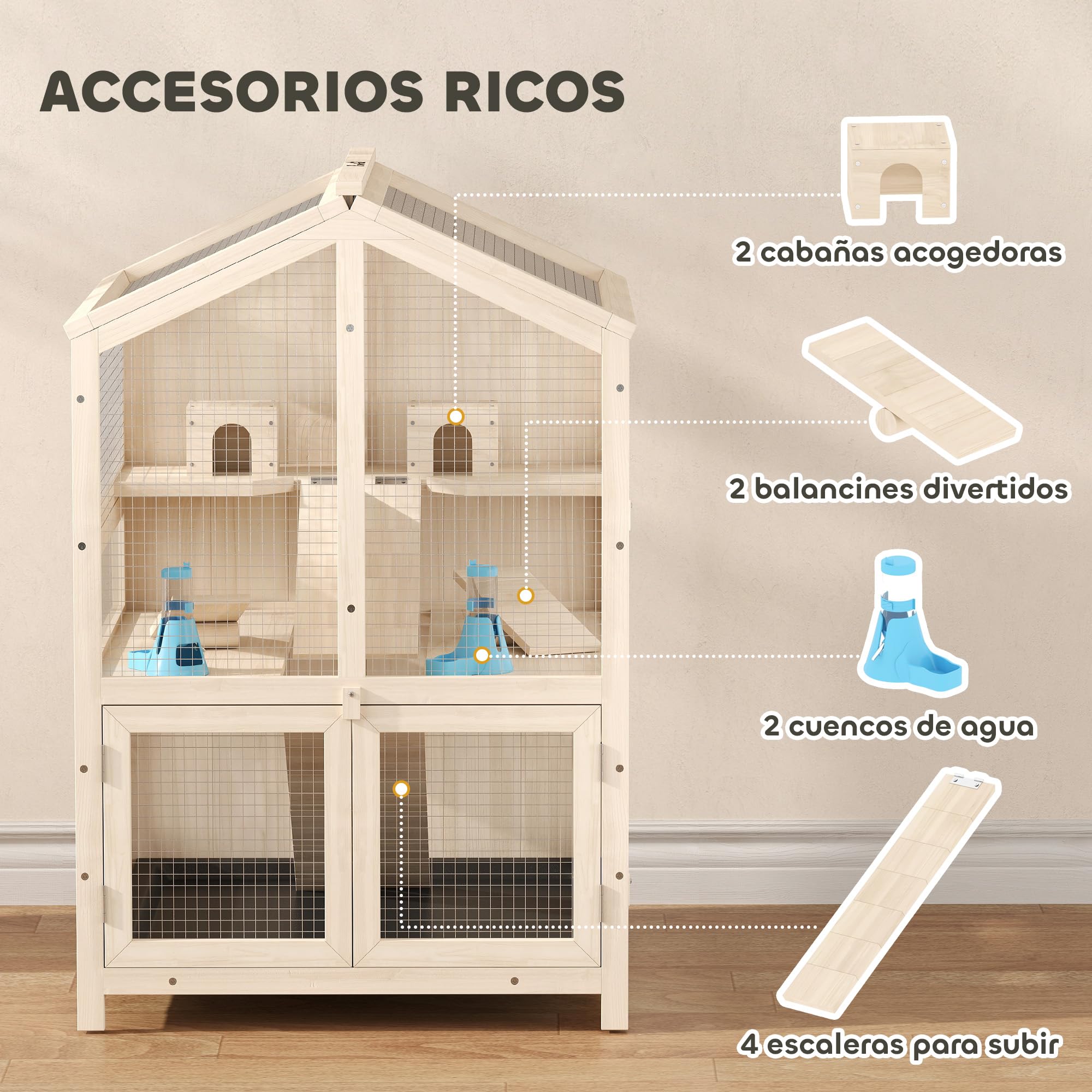 PawHut Jaula para Hámster de Madera de 3 Niveles 68x61,5x90 cm Natural | Casa para Hámster de Madera con Bebederos, Casetas, Balancines, Rampas, Bandeja Extraíble, Tapas Abatibles