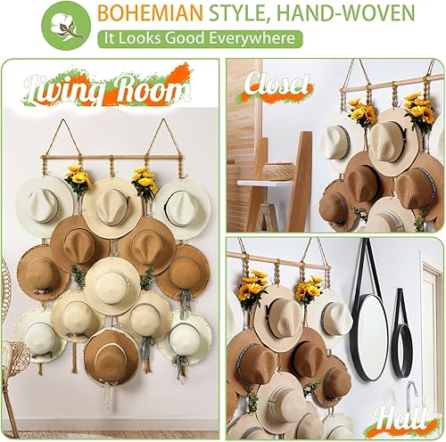 Miniatura 6 de Organizador de sombreros de macramé para pared, 15 clips de 31 x 53 pulgadas, ganchos grandes para sombreros de Fedora, para almacenamiento de