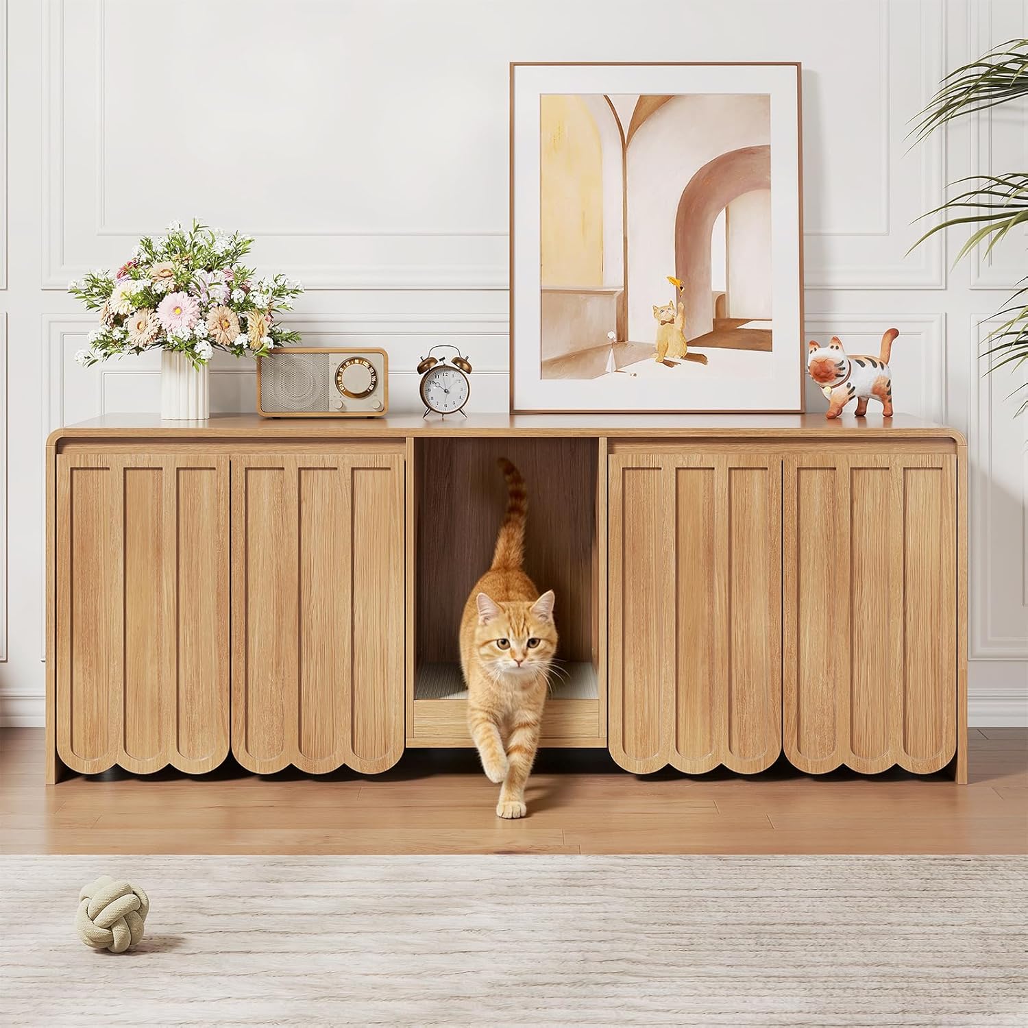 Halitaa Litter Box Enclosure for 2 Cats, 57.9" Hidden Litter Box with Scratch Pad, Modern Fluted Cat Litter Box Furniture with Dual Rooms, Cat Box Enclosure, TV Stand, Natural