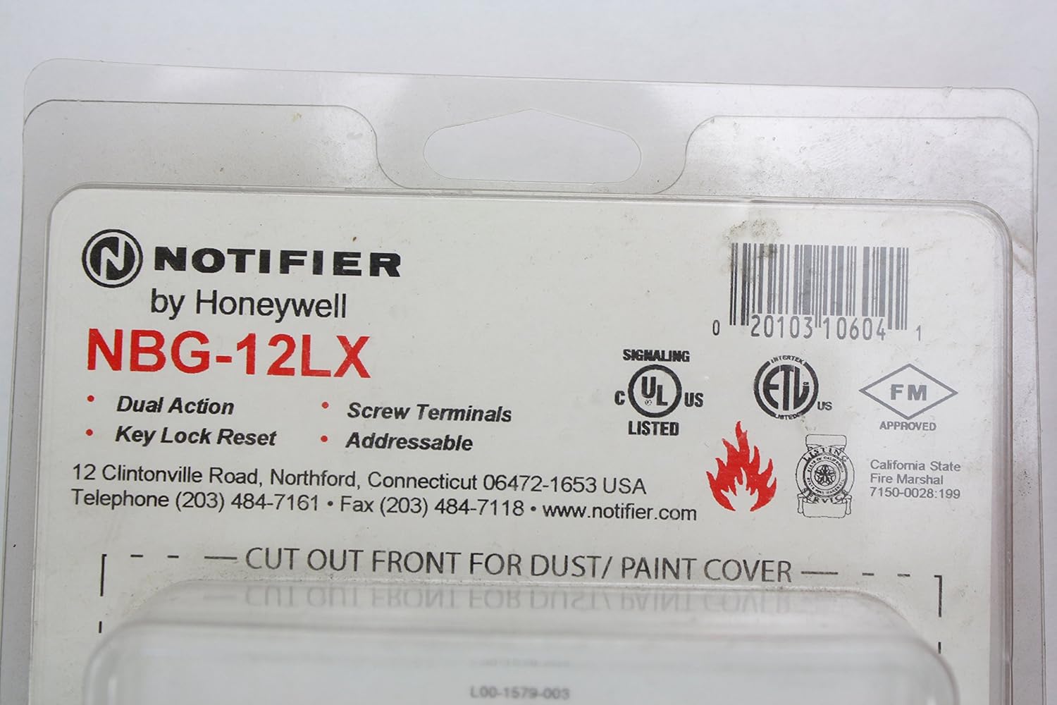 Packaging of Notifier NBG-12LX showing product details and certifications.