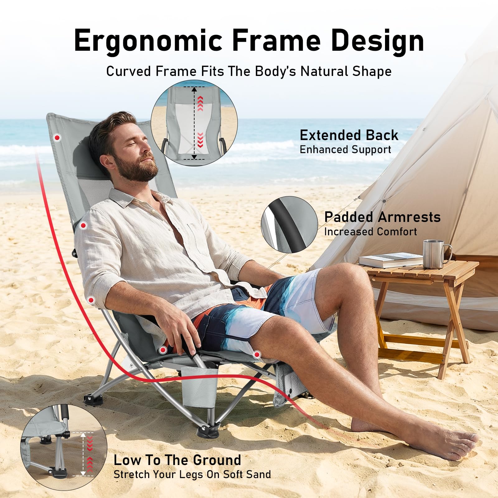WildFun Silla de playa plegable, silla portátil de camping y pesca con respaldo alto, portavasos, soporta 180 kg para viajes, al aire libre, barbacoa, picnic, festival (2 unidades, gris)