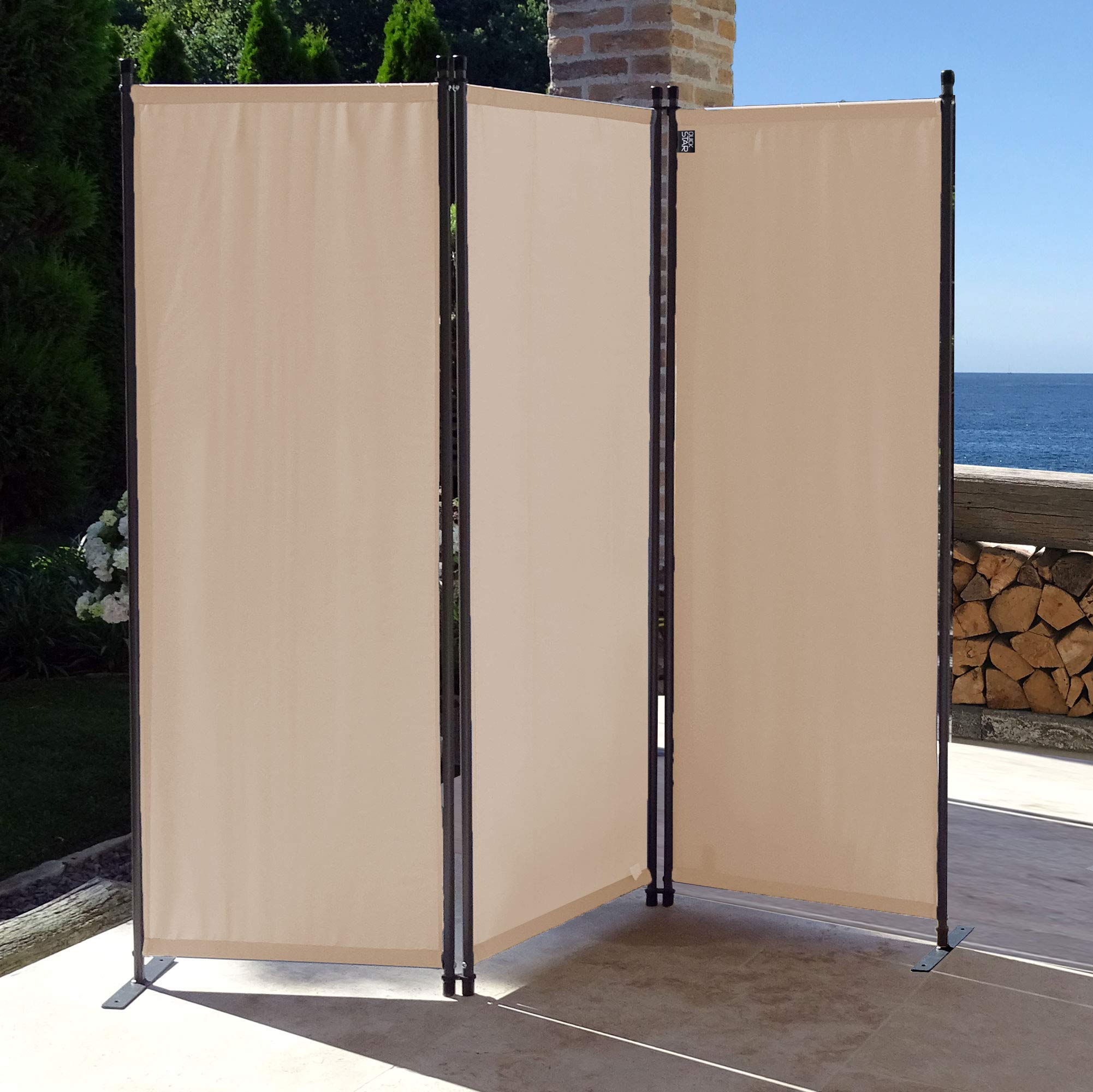 QUICK STAR Paravento da Giardino 170 x 165 cm 3 Parti Pieghevole Divisorio in Tessuto Beige