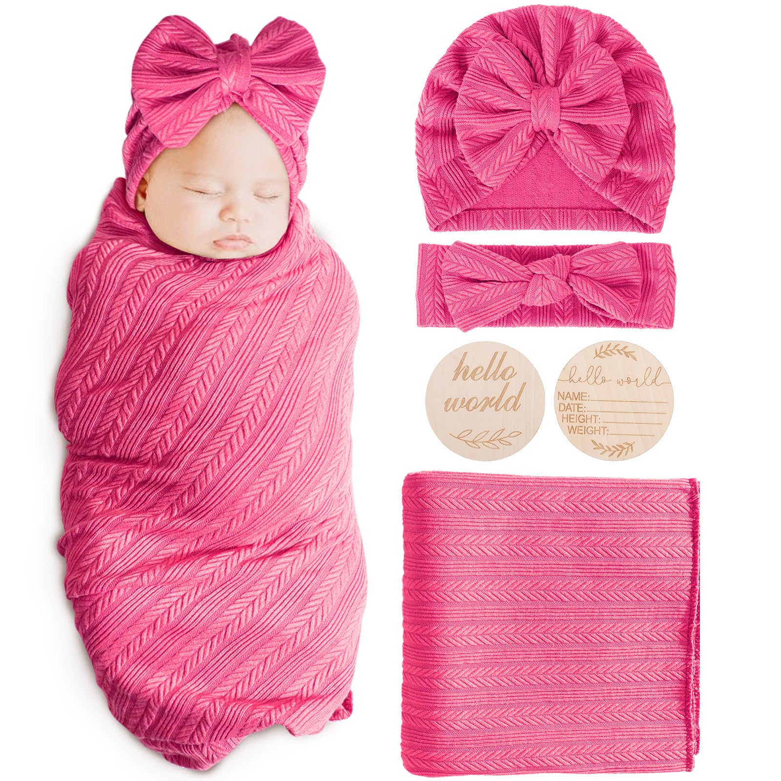 AQOKKA Newborn Receiving Blanket with Bow Hat Headband Wooden Card Set Wheat-Pattern Newborns Toddler Baby Boy Girl Nursery Swaddle Wrap