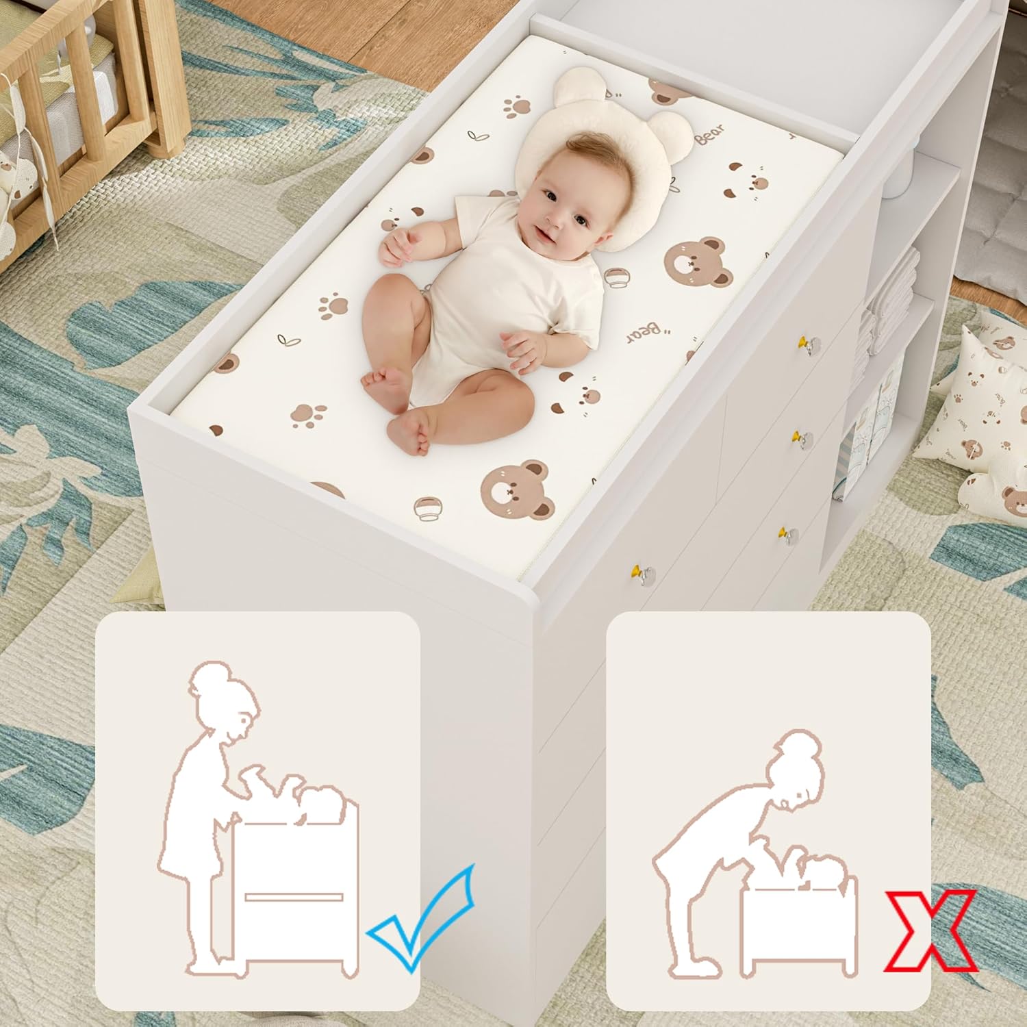 Baby Changing Table Dresser Diaper Change Table with 5 Drawers Storage Changing Station Dresser for Infant Mobile Nursery Organizer for Newborn,White