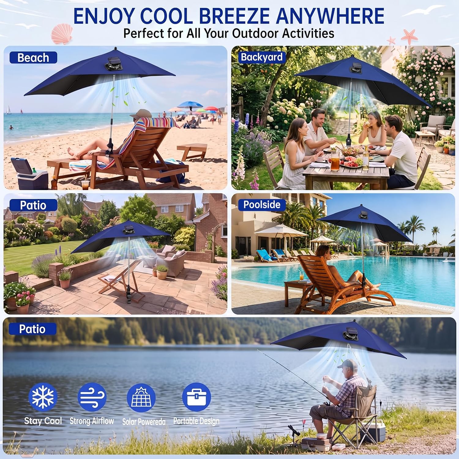 Beach Chair Umbrella with Adjustable Clamp & Solar Fan, UPF 50+