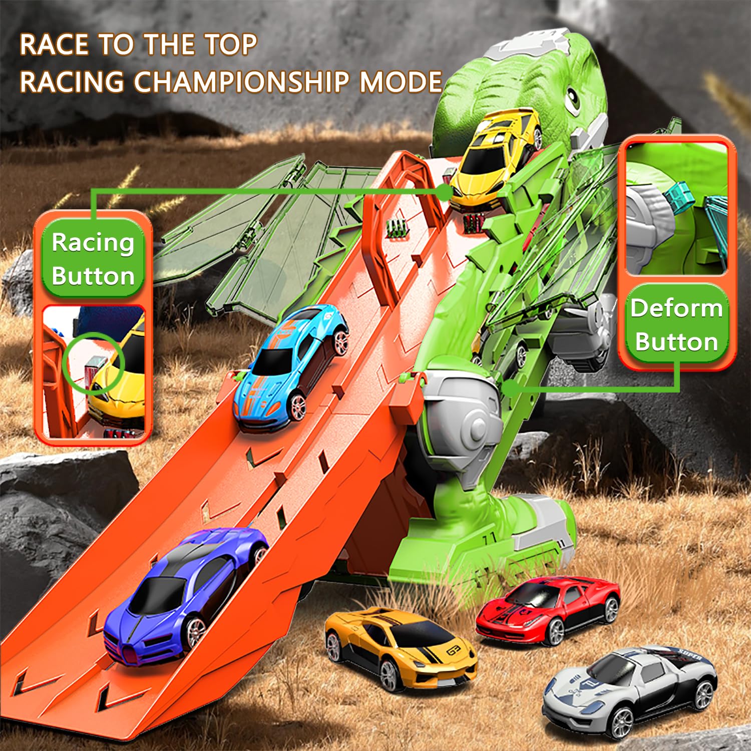 Dinosauro Camion Giocattolo con 8 Macchinine, Dinosauri Trasformabili per bambini 3 4 5 6 7 8+Anni,Garage,Set Pista da Corsa,Transforms in Dino con Ali,Camion Furgoni,Regali di Compleanno per Bambini