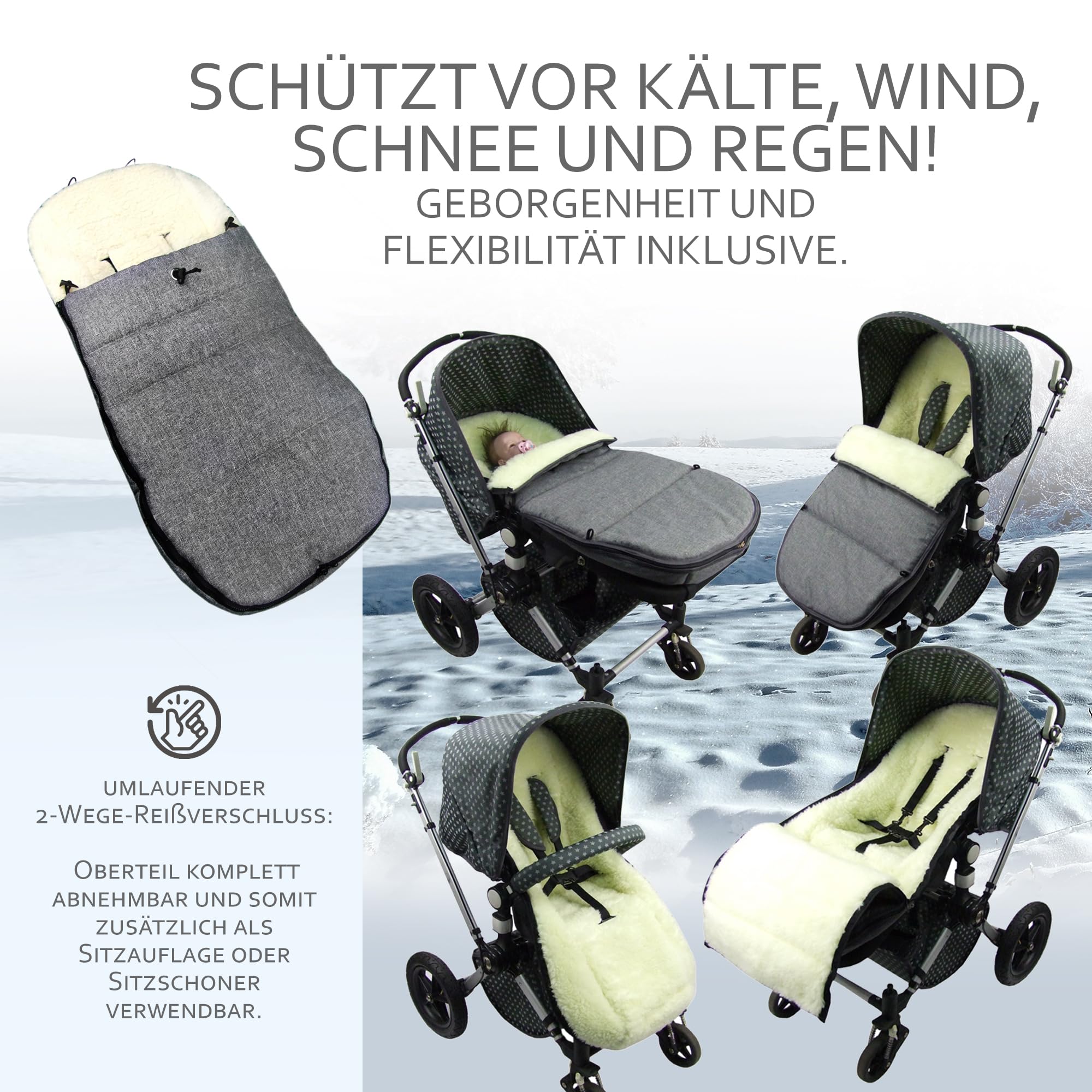 BAMBINIWELT Saco de invierno compatible con cochecito Bugaboo – Saco cálido para bebé con lana de cordero, ajustable y lavable – Resistente al agua y al viento, flexible y a juego, color: gris oscuro