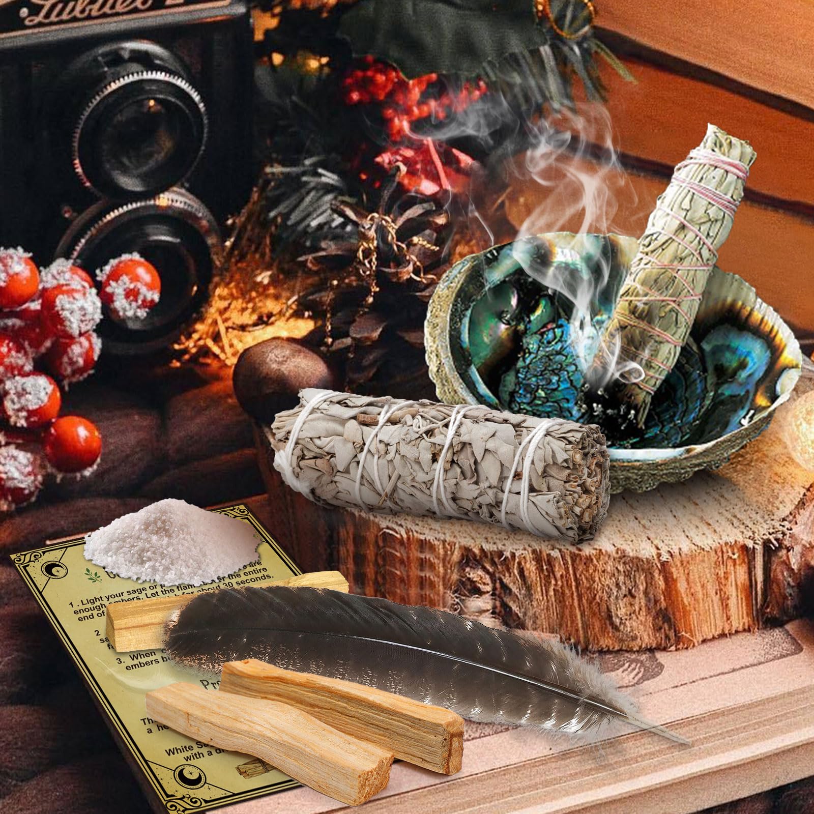FAMKEEP White Sage Palo Santo Coquillage d'ormeau Encens Naturel Nettoyage énergétique Anti Stress méditation