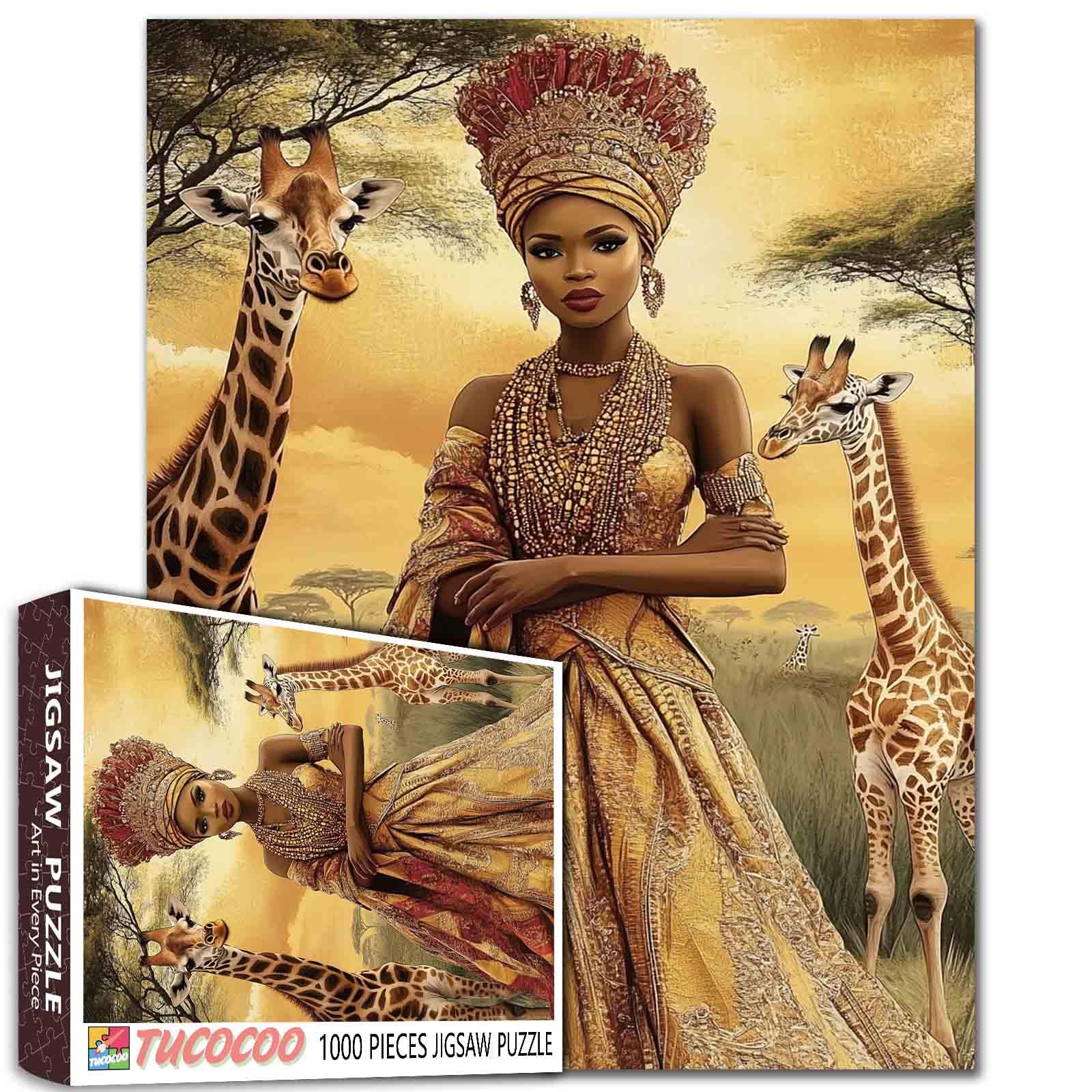 Africa Queen Jigsaw Puzzles 1000 Pieces for Adults,Families(Black Woman,Animal/Wildlife,Giraffes,Savanna) Pieces Fit Together Perfectly 19.7''x27.6''inch Sexy Girl Frameable Magic Puzzle Art(Yellow