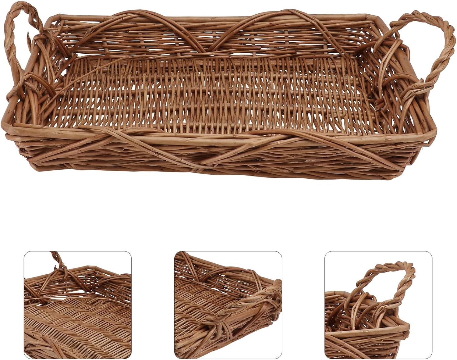 Ciieeo Vintage Rattan Woven Fruit and Bread Basket with Handle, Rectangular Multi-purpose Storage Basket for Kitchen Counter and Dining, Handmade Natural Light Brown Serving Tray