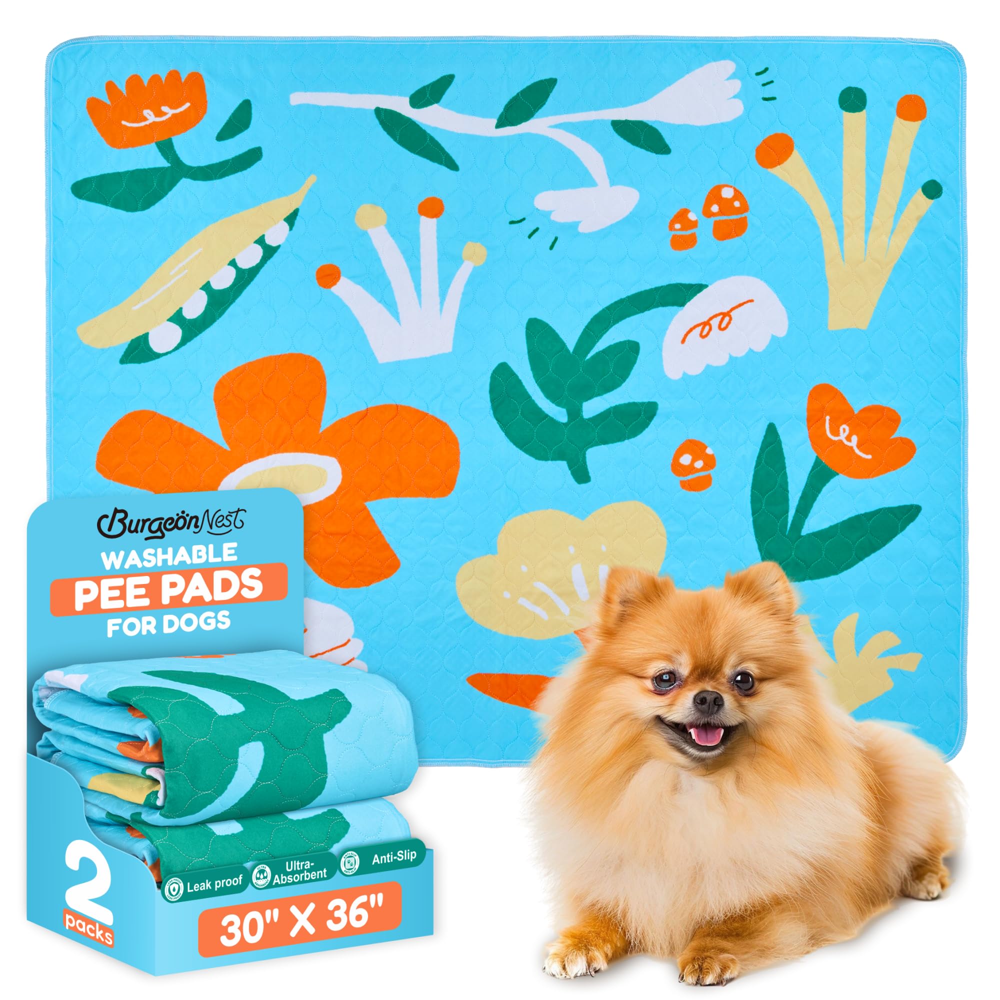 BurgeonNest Washable Pee Pads for Dogs, 2 Pack 30''x36'' Super Absorbent, Leakproof & Non-Slip Reusable Puppy Pad with Pheromones, Puppy, Playpen,