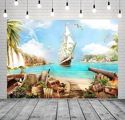 Miniatura 3 de BELECO Telón de fondo de tela de 9 x 6 pies, diseño de pirata, barco pirata, cofres del tesoro, barriles, loro, océano, velero, montaña, cascadas,