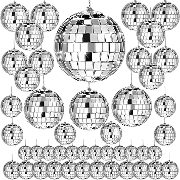 46 PCS Disco Mirror Ball Reflective Mini Glass Hanging Decorations Assorted Silver 6 Inches Large Disco Ball for Wedding Dance Music Ballroom Hall Props Club Stage Backdrop Props 6 inch