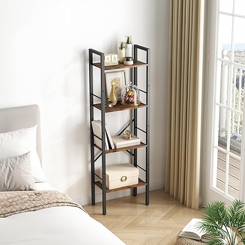 Miniatura 6 de Tajsoon Estantería de escalera industrial de 4 niveles, estantería estrecha y alta con madera, estantería delgada independiente para oficina en