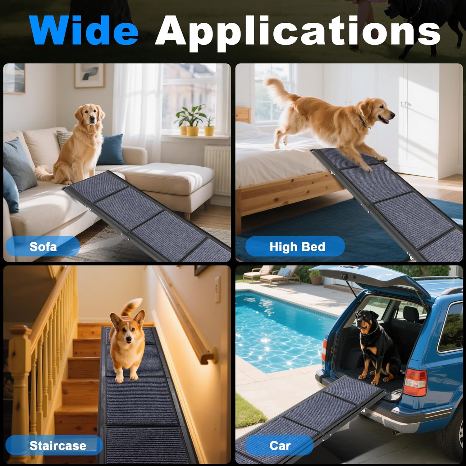 AQUILLA Dog Ramp for Car, 63" L x 17.3" W Folding Portable Dog Ramp with Non-Slip Rug Surface, Outdoor Dog Car Ramp for Small & Large & Injured Dogs, Get on SUV Car & Truck, Up to 250LBS