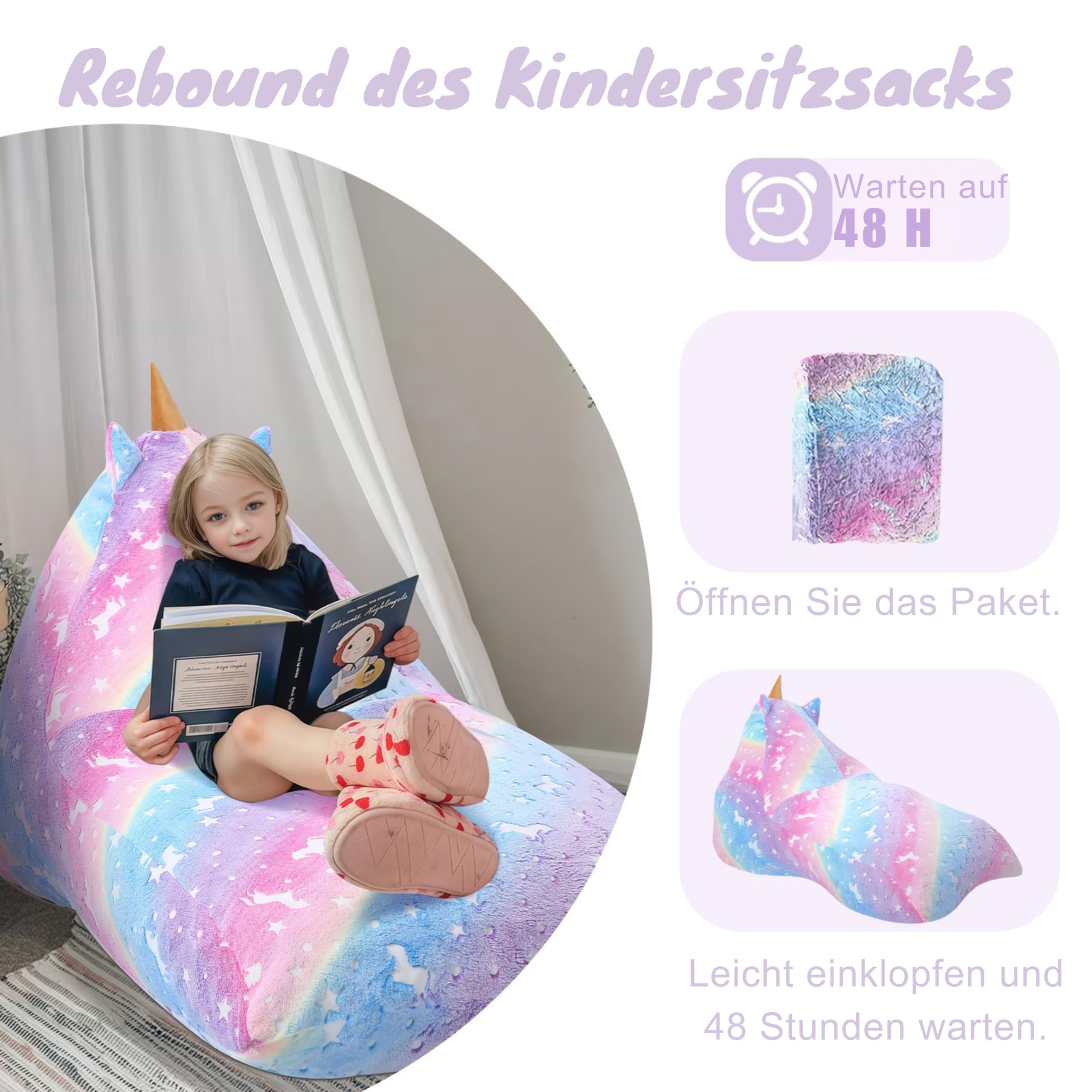 MeMoreCool Sitzsäcke für Kinder von 8–12 Jahren, großer Sitzsack mit Füllung, großes Kleinkinder-Sitzsackbett mit Einhorn, Faule Bodenliege für Kinder für Mädchen und Jungen, Leuchtend Regenbogen