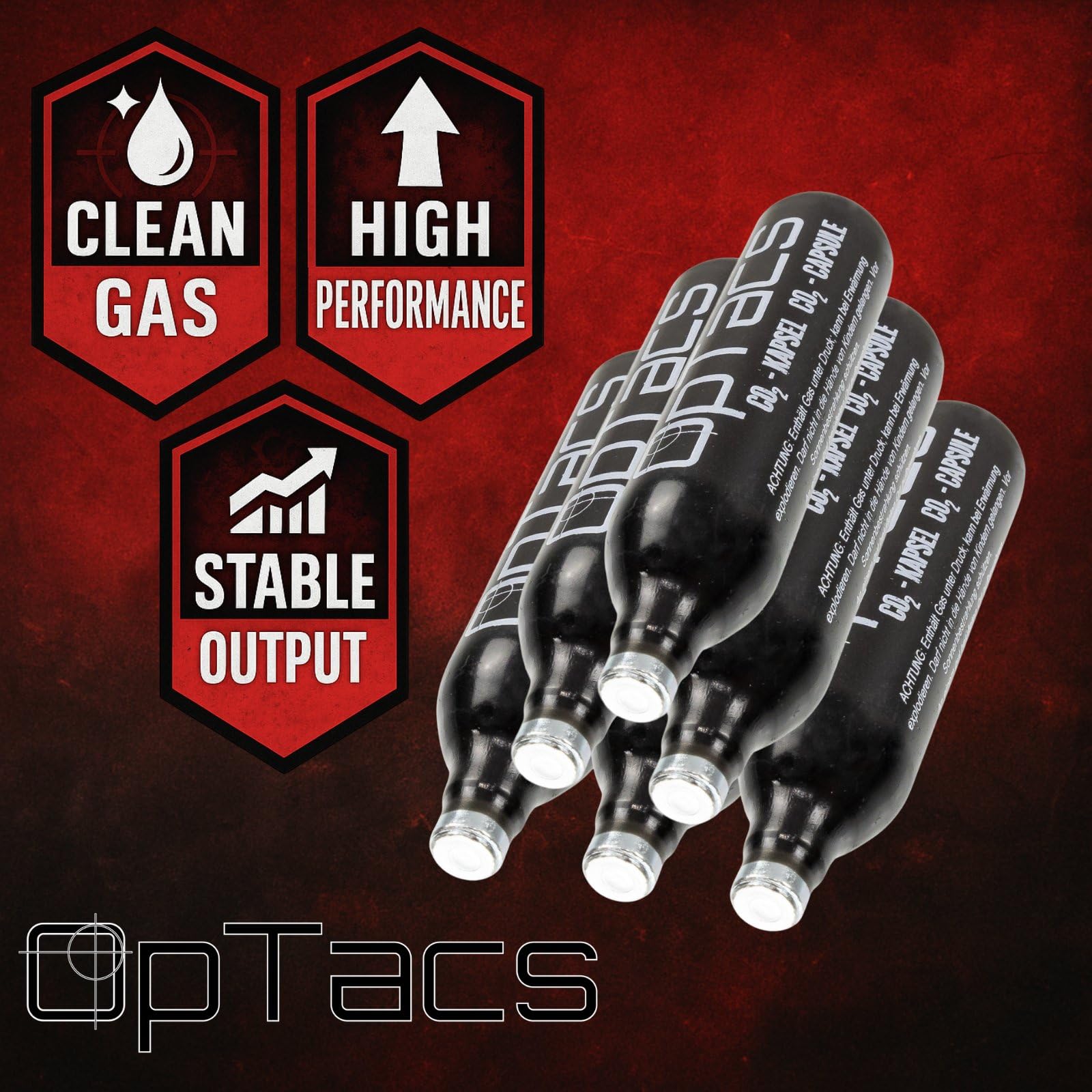 OpTacs CO₂-Kapseln 12g – 5 Stück – für Airsoft, Softair und Luftdruckwaffen – sauber versiegelt, konstante Leistung, rückstandsfrei, korrosionsgeschützt, 12g-System kompatibel
