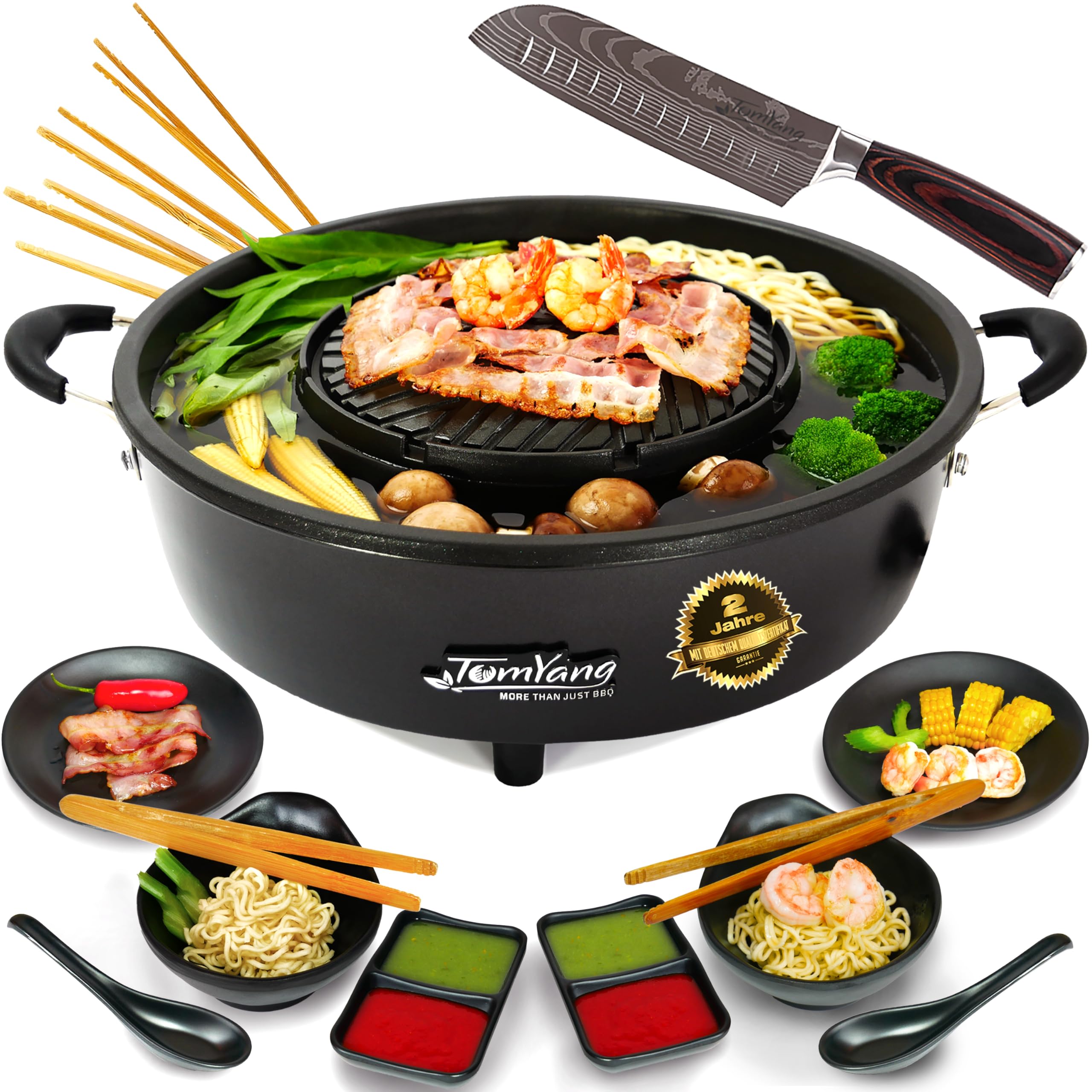 TomYang Hot Pot Premium – z akcesoriami premium dla 2 osób i nożem Santoku. Oryginalny tajski grill i hot pot, szwajcarska powłoka nieprzywierająca. Korean BBQ Grill, Hotpot, Mookata Thai