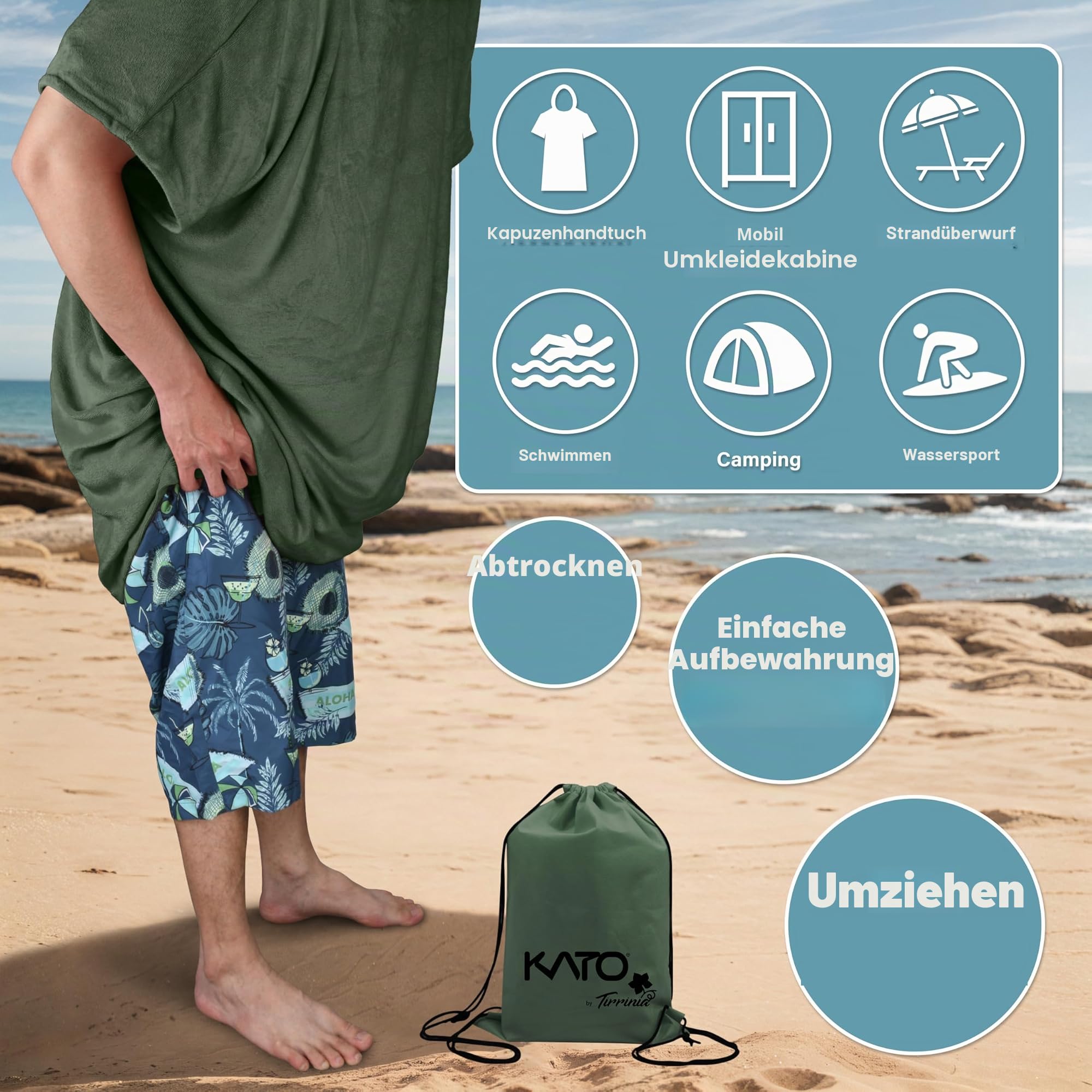 Kato Tirrinia Surf Poncho Umziehhilfe Strand für Damen Herren, Badeponcho mit Kapuze Absorbierender Winddichtes, Handtuch Poncho als Umziehhilfe für Surfer Schwimmen Camping Sauna Baden, Armeegrün