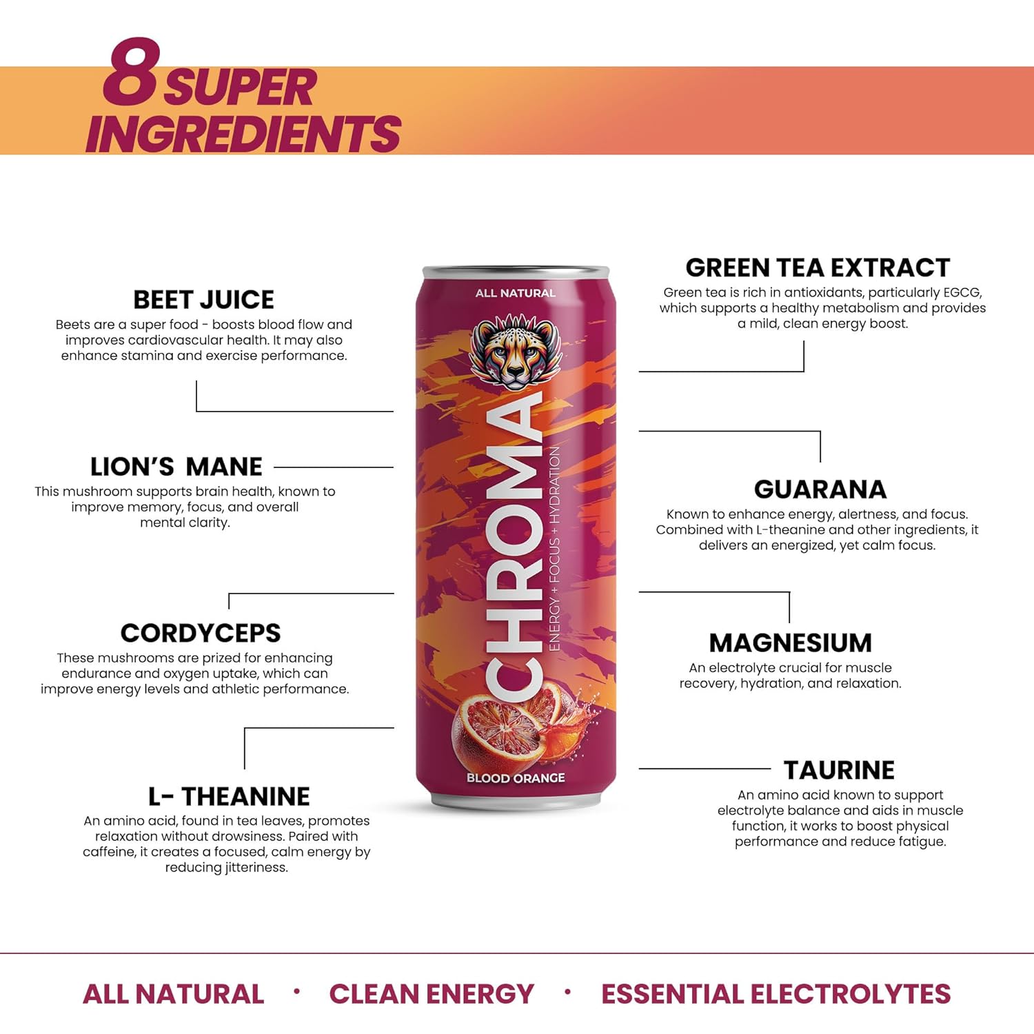 CHROMA All Natural Mushroom Energy Drink - Lion's Mane, Cordyceps, L-Theanine, Beet Root, Guarana, Electrolytes, Adaptogens, Green Tea Caffeine. No crash or jitters. Energy, Mood, Focus, Performance Boost, Hydration & Recovery. Clean Ingredients. Blood Orange 12 fl. Oz (12 Pack)