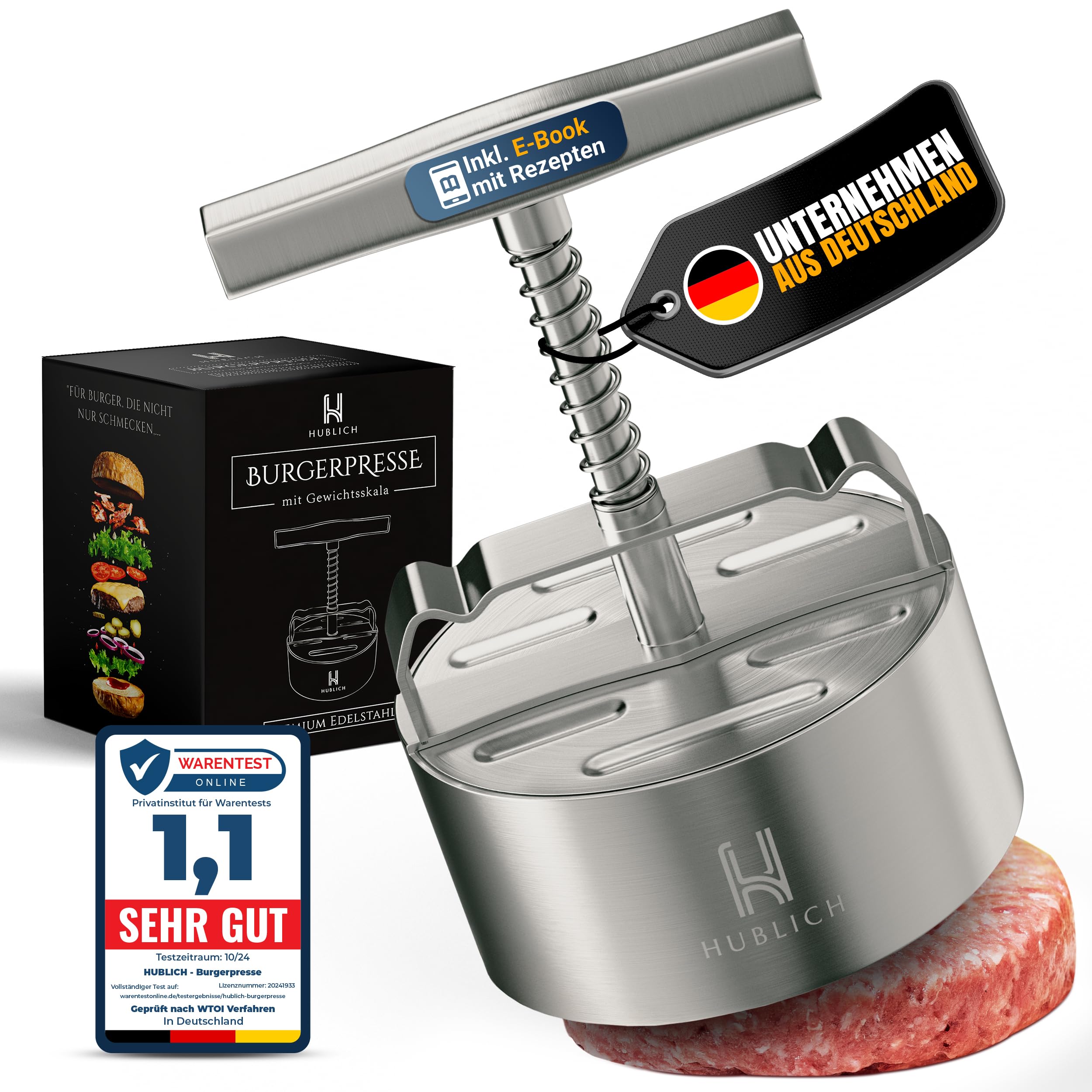 Hublich® Hochwertige Burgerpresse aus Edelstahl – Hamburgerpresse – Ideales Grill Zubehör für perfekte Hackfleisch Patties mit 100-400g – Patty Maker für saftige Hamburger - 1