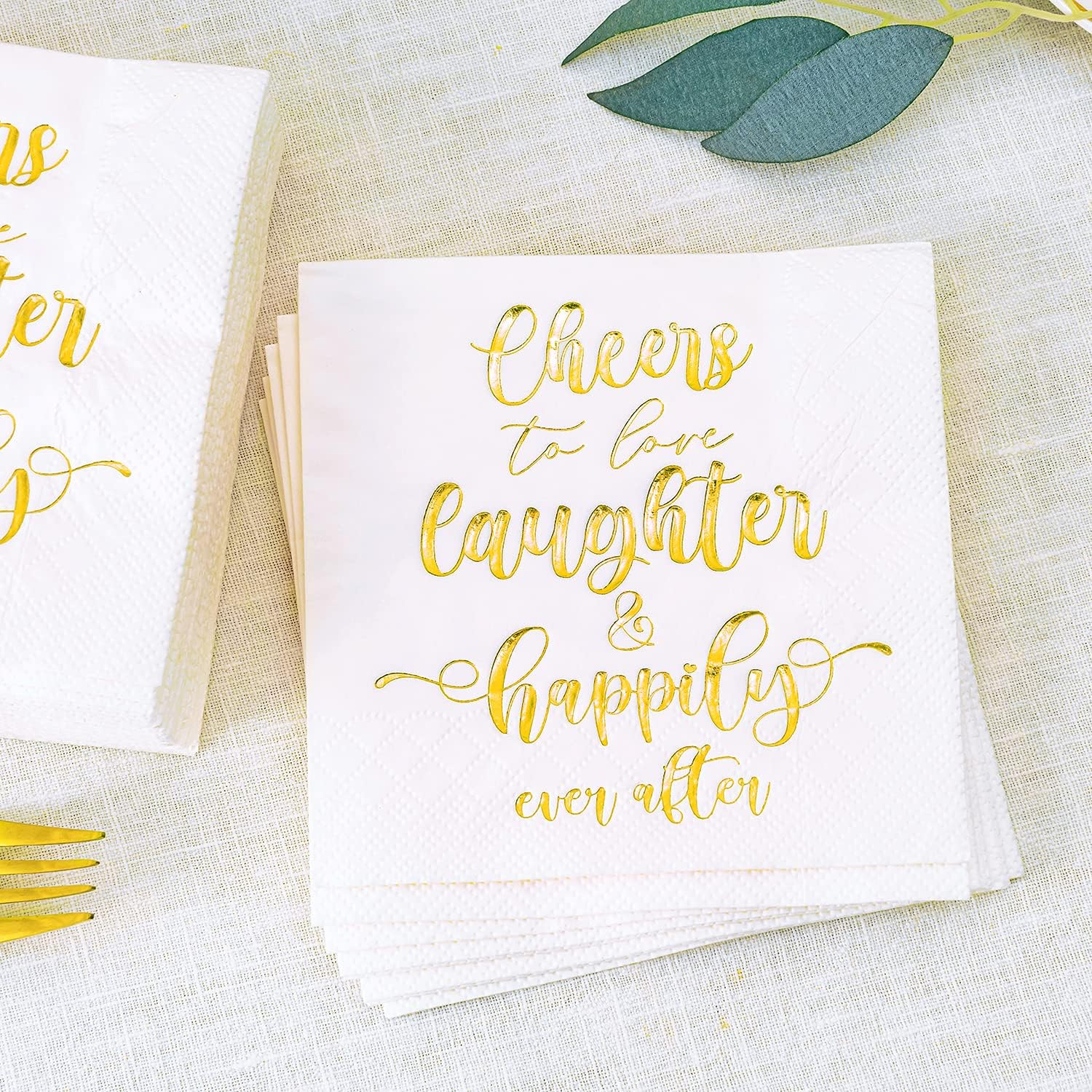 Crisky Bridal Shower Napkins Gold, Happily Ever After Cocktail Beverage Cake Dessert Napkins for Wedding Shower Bridal Shower Engagement Bachelorette Party Decorations,Cocktail Size, 50 Pcs, 3-Ply : Health & Household