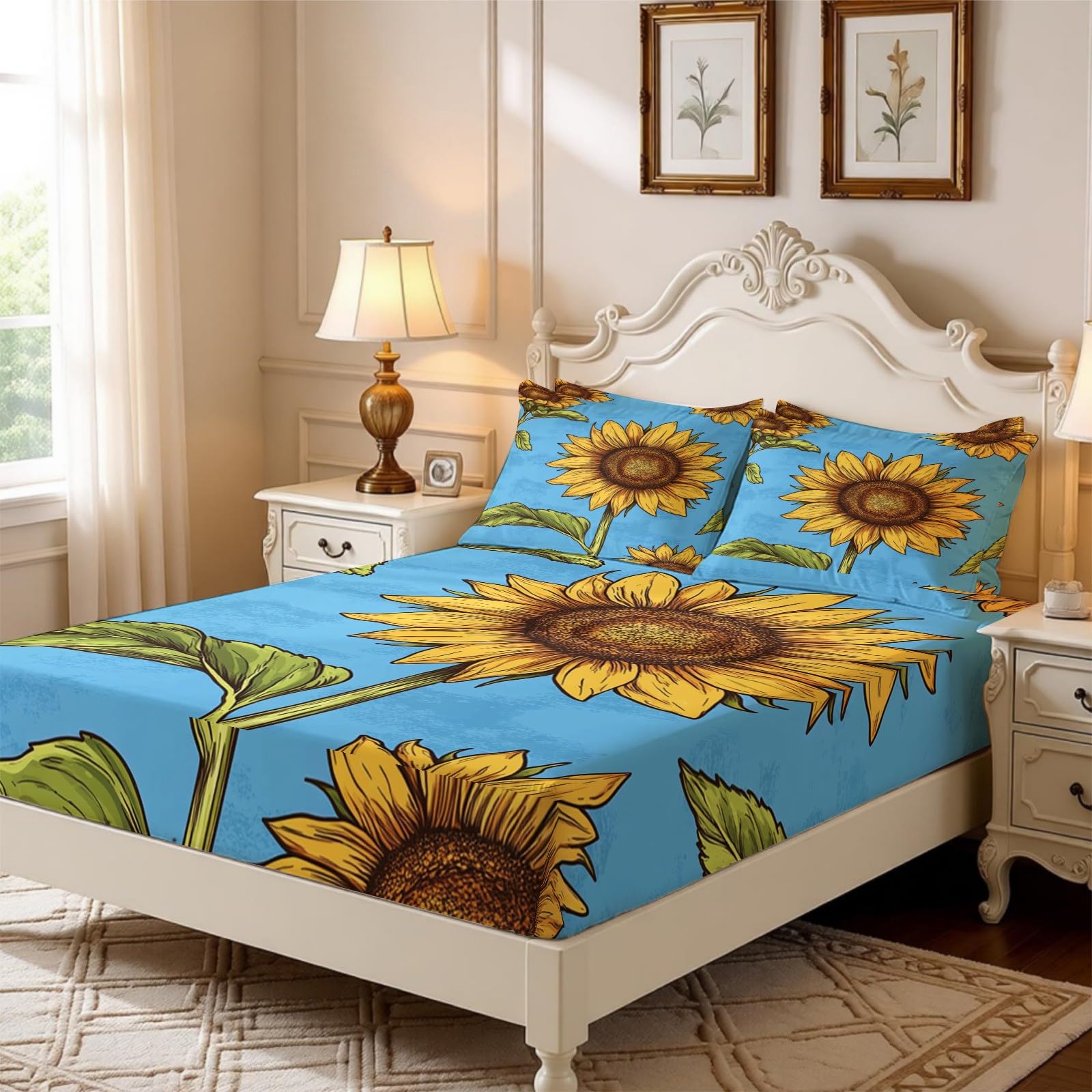 Lenzuolo con Angoli 180 x 200 cm Microfibra Girasoli dipinti a mano Lenzuolo Sotto Elasticizzato Profondo 25 cm giallo per Singolo e Matrimoniale