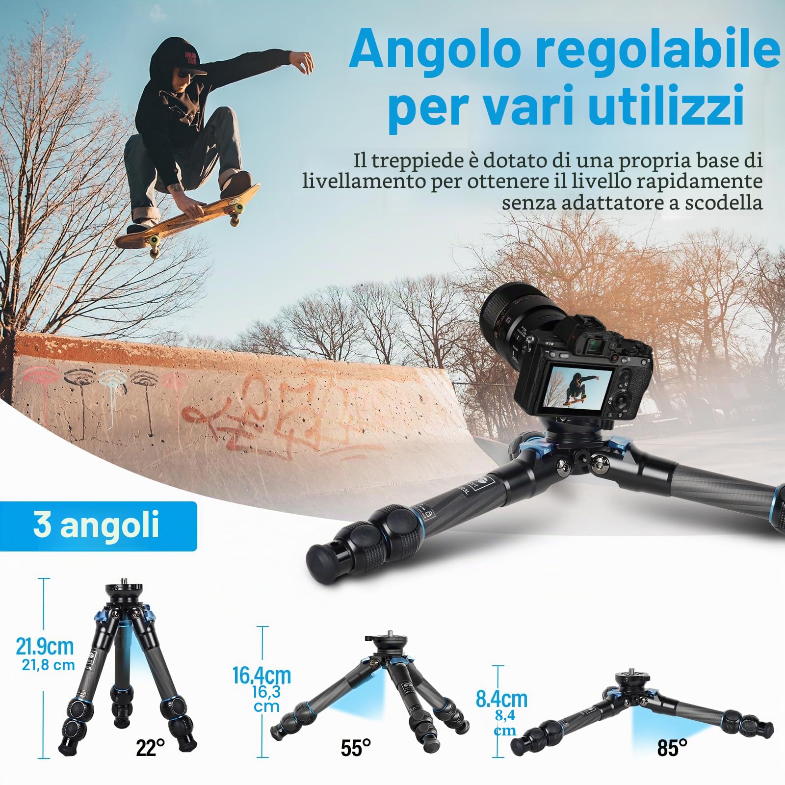 SIRUI Mini Treppiede Carbonio AM-223L, Treppiede da Viaggio per Fotocamera con Base Livellante, Treppiede per Videocamera, DSLR, Carico Massimo 15kg, Altezza Massima 36cm, Altezza Piegata 23cm