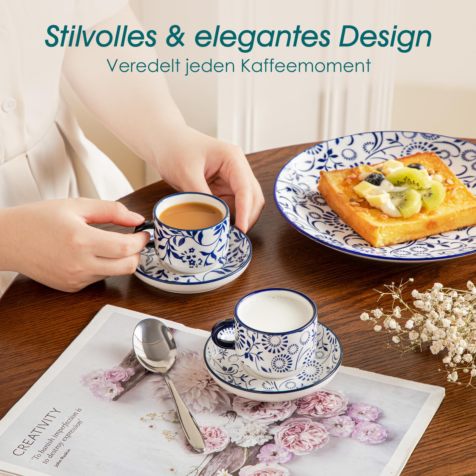 vancasso Espressotassen Set, SELENE Espresso Tassen Set mit Untertasse & Ständer, Stapelbar Dickwandig Kaffeetassen aus Porzellan für Cappuccino, Latte und Tee, Vintage blau-weiß (4 x 90 ml)