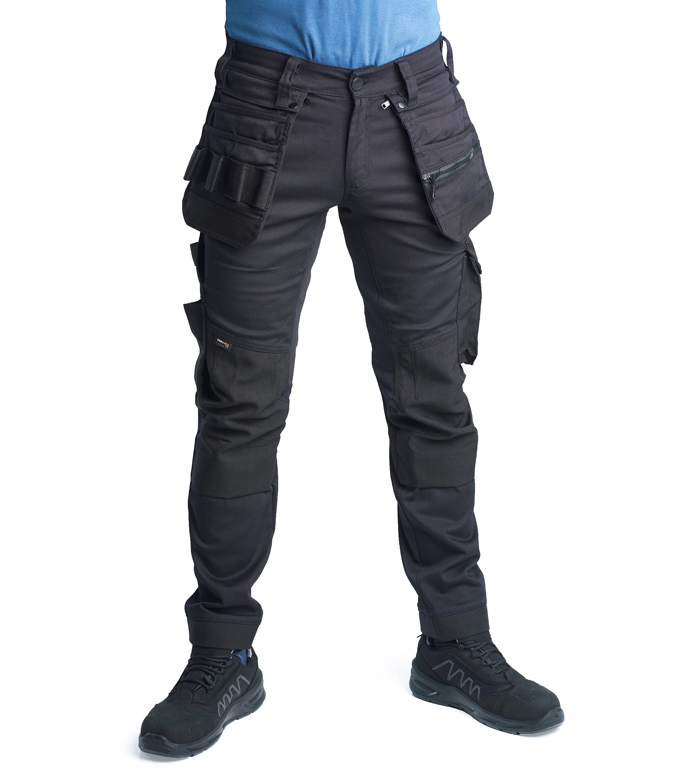 Bitco Men's Black Btc16b Stretch Full Work Pants Cordura® Reinforced Water And Oil Repellent Cotton Polyester Elastane Flexible Utility Pockets Knee Pockets Mobile Phone Pocket