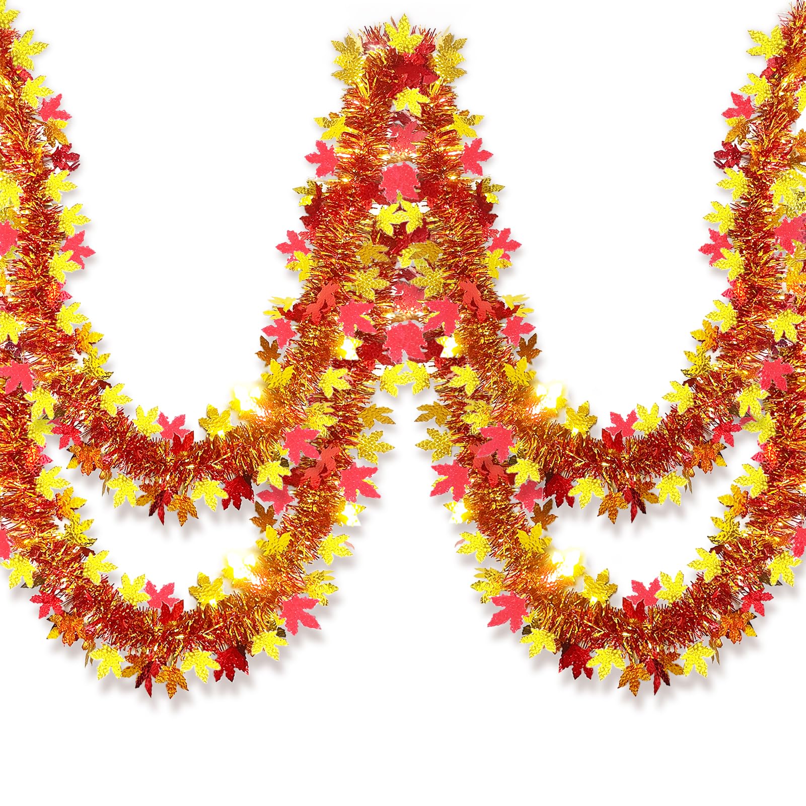 33Ft Thanksgiving Fall Tinsel Garland Shiny Hanging Coarse-Textured Red and Gold Maple Leaf Metallic Twist Garland Autumn Decor for Fall Party Door Tree Garlands Decorations - (Red &amp; Gold)