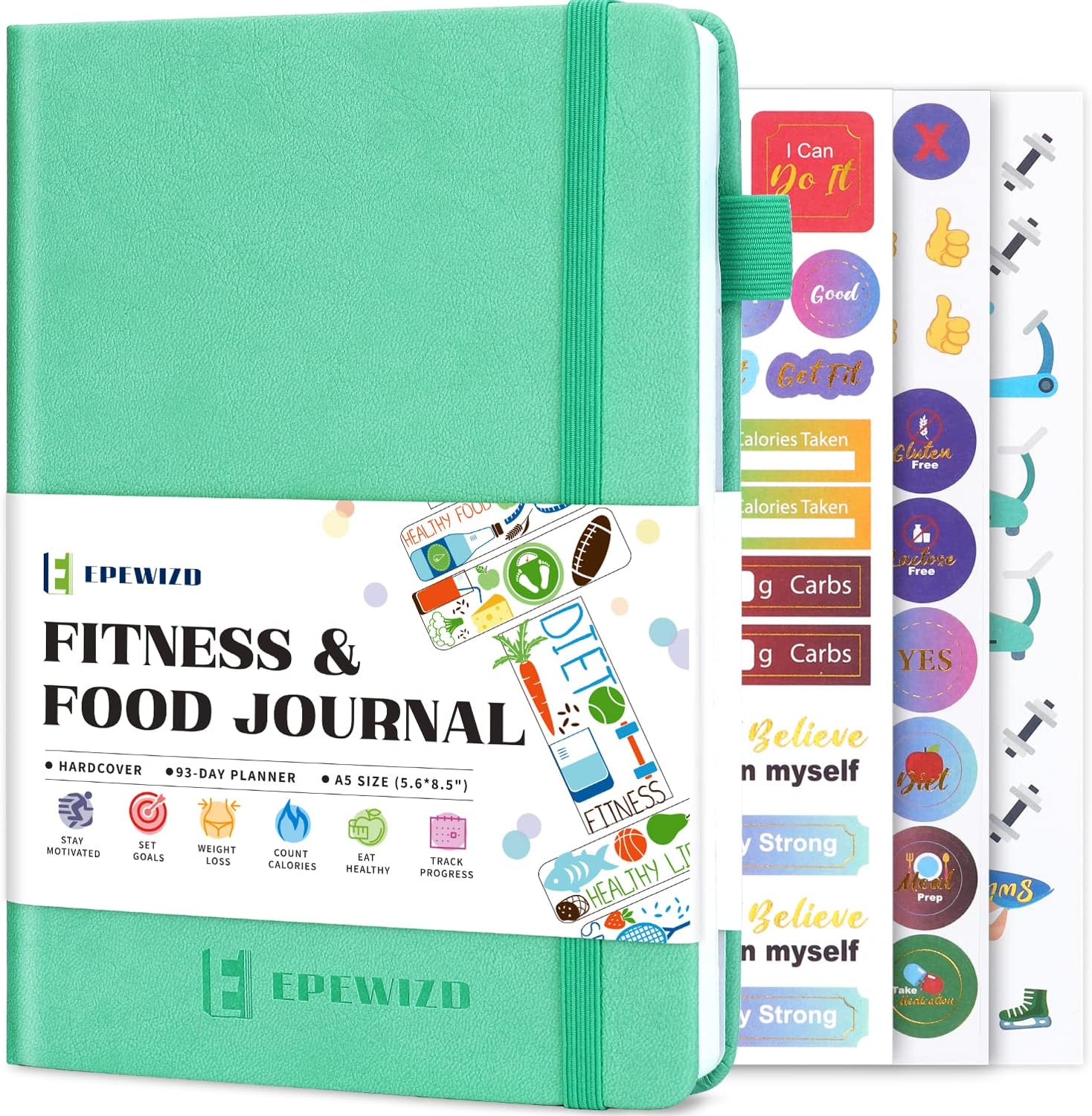 EPEWIZD Food and Fitness Journal Hardcover Wellness Planner Workout Journal for Women Men to Track Meal and Exercise Count Calories Weight Loss Diet Training Weight Loss Tracker Undated Home and Gym