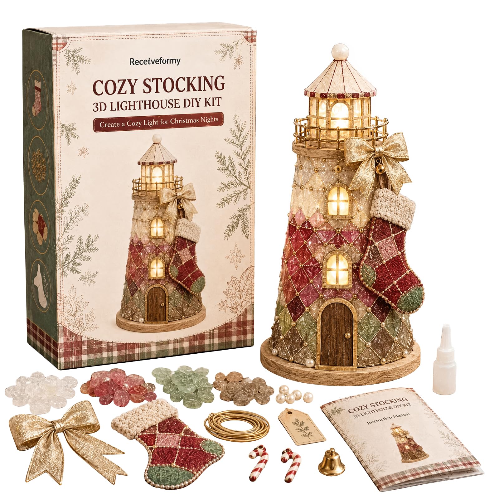 Sea Glass Art 3D Lighthouse Kit | Seaglass Light up Christmas Tree Kit