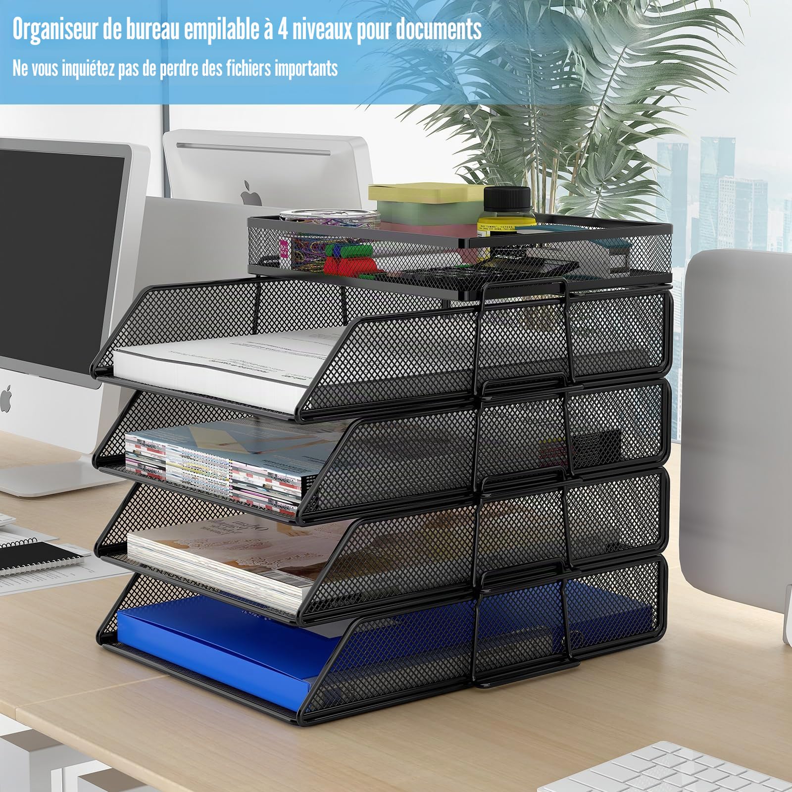 TQVAI Lot de 5 Empilable Métal Corbeille a Courrier Organiseur de Bureau Porte Revue Bureau Trieur Documents A4 Rangement Papier Range Courrier, Noir