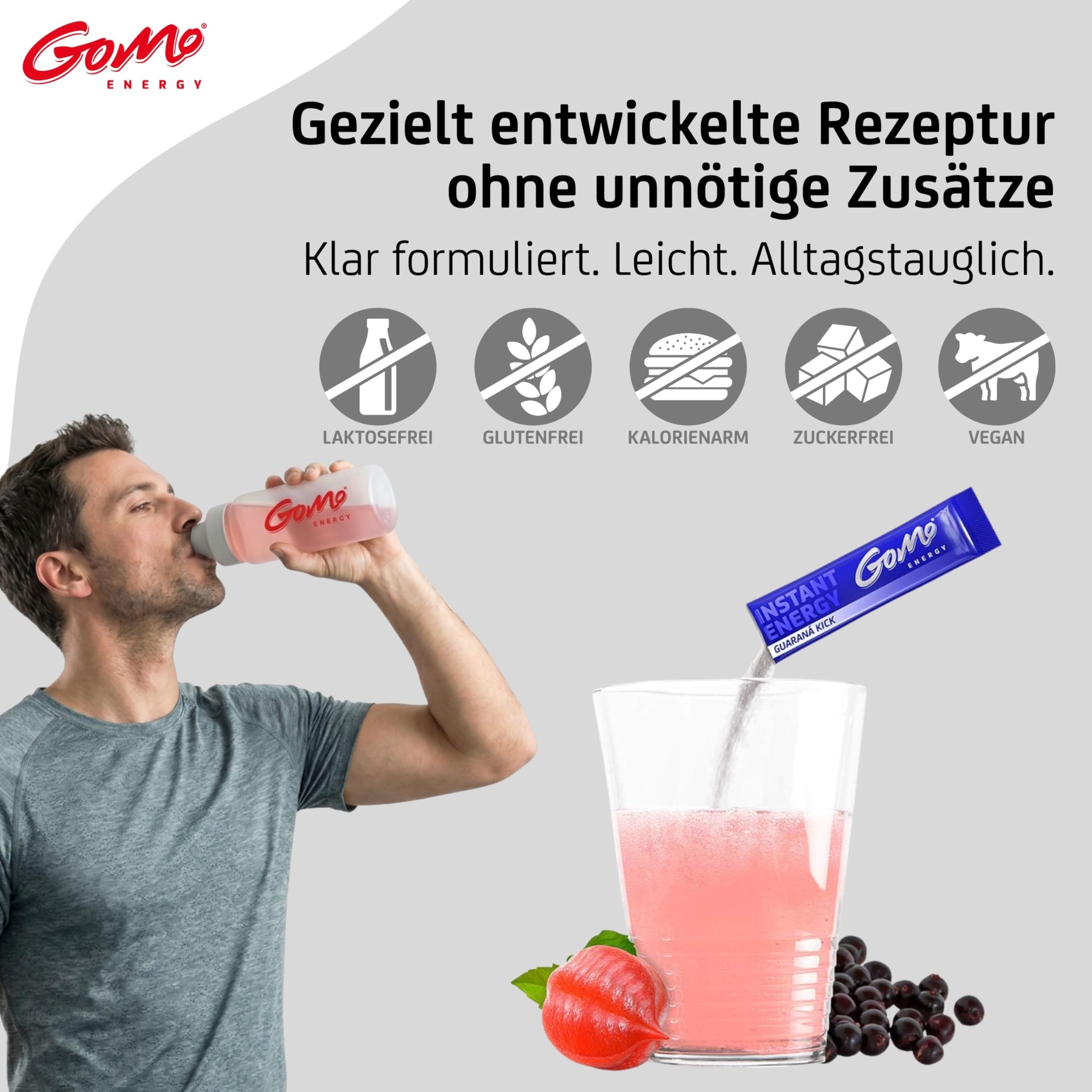 GoMo ENERGY – Instant Energy Getränkepulver mit Guarana, Koffein, Taurin & Vitamin-B-Komplex – zuckerfreier Instant Energy Drink – Wachmacher mit Energy Geschmack (Guaraná Kick) (100 Stk)