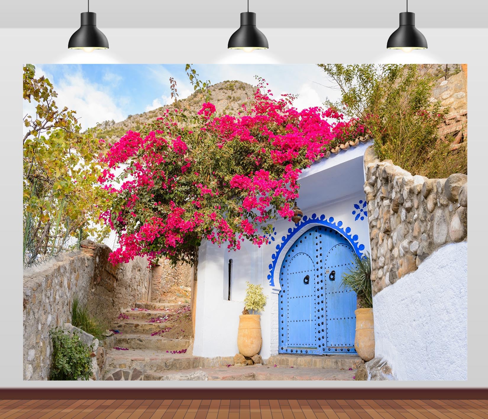 BELECO 3.6x3m Sfondo in tessuto Marocco | Vecchia casa pietra porta blu fiori sbocciati sfondo festa stile arabo marocchino accessori shooting foto