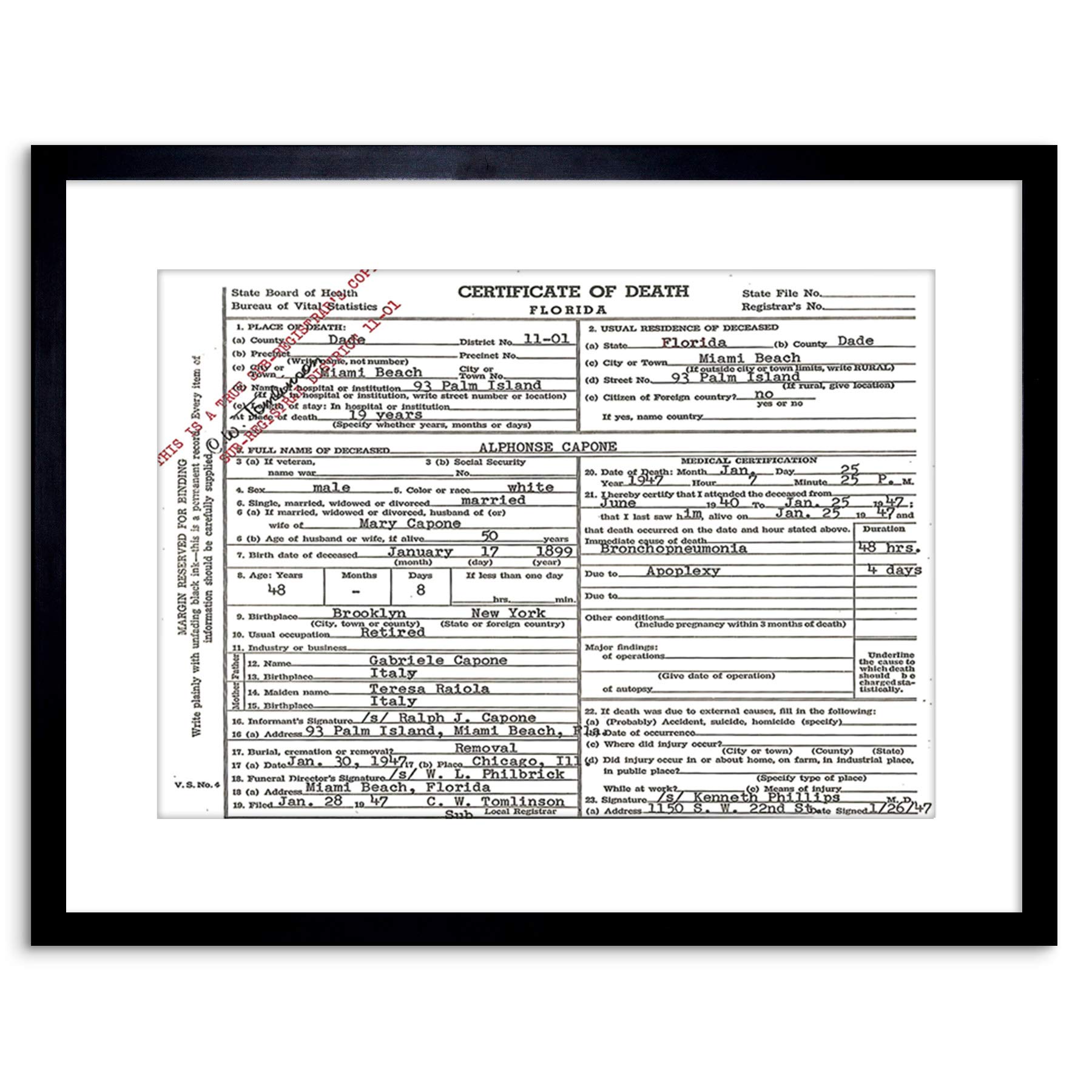 Wee Blue Coo Al Capone Death Certificate Gangster Mob Mafia 9x7'' Framed Art Print F97x13690