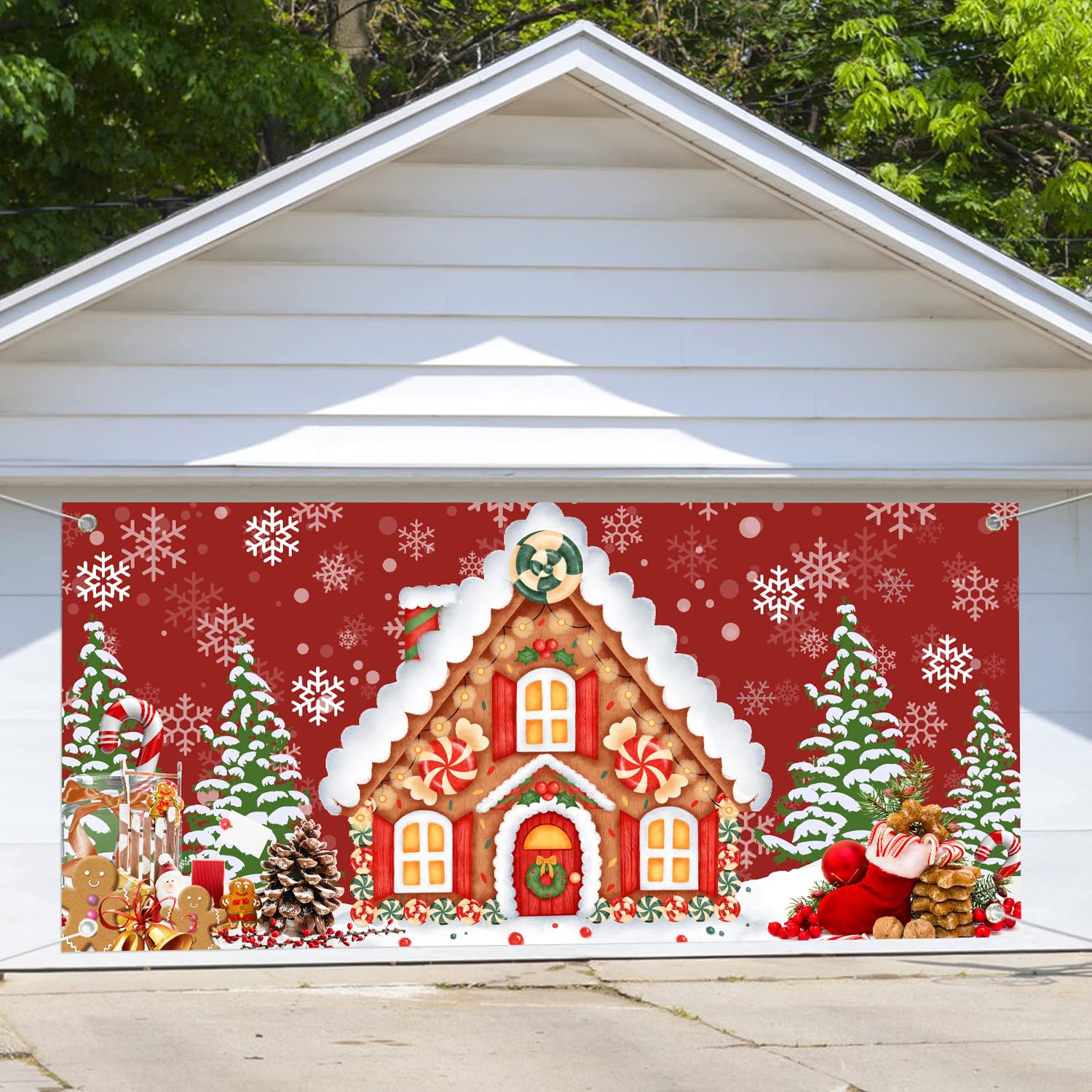Christmas Garage Door Banner - Red Gingerbread Large Backdrop Decoration, Xmas Cover for Holiday Outdoor Home House Wall Decorations, 8x6 ft