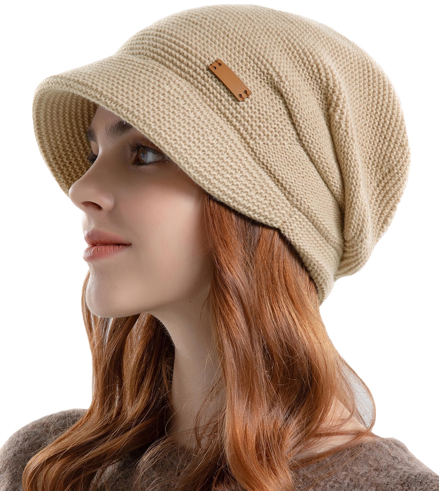 Womens Knitted Hat with Visor Brim Winter Slouchy Beanie Hat Warm Fleece Lined Skull Snow Caps Soft Stretch Warm Ski Cap Beanies (Khaki)