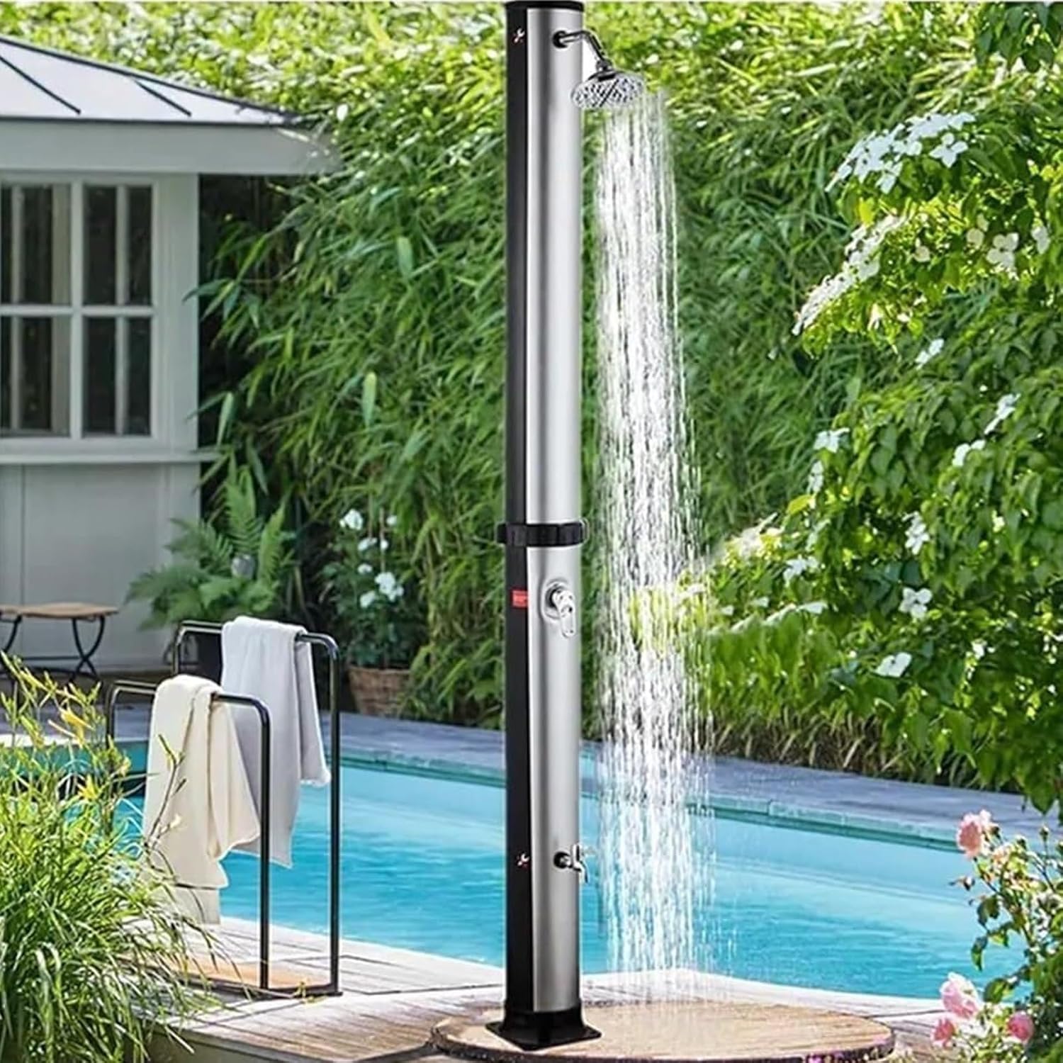 Outdoor Shower Portable Solar Outdoor Shower,W/Shower Head and Foot Washer Tap,38L Standing Poolside Garden Shower,PVC Brass Design for Backyard (Black)
