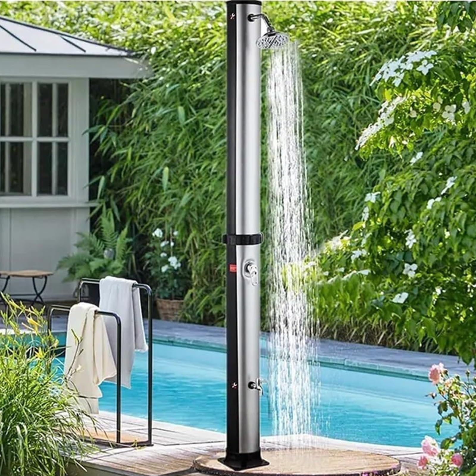 Ducha solar portátil para exteriores con cabezal de ducha y grifo de lavado de pies para piscina, jardín, patio trasero, patio, uso en la playa