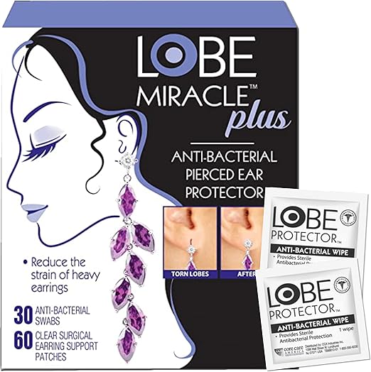 Lobe Miracle Plus Kit - Clear Earring Support Patches & Included Antiseptic Wipes - Earring Backs for Droopy Ears - Ear Care Products for Heavy Earring Support (60 Patches & 30 Swabs)