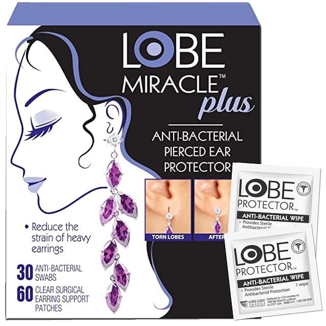 Lobe Miracle Plus Kit - Clear Earring Support Patches Included Antiseptic Wipes - Earring Backs for Droopy Ears
